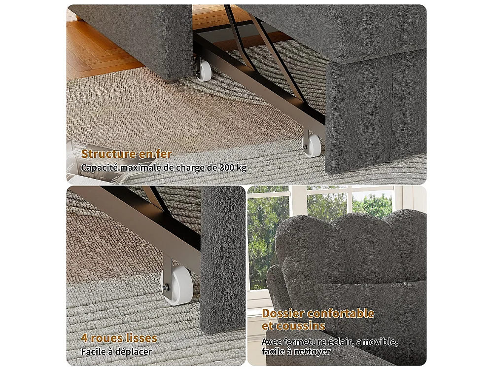 Canapé-lit extensible - avec dossier réglable, oreiller, porte-tasse - chaise couchante 3-en-1 - Chenille - gris