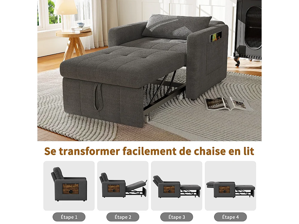 Canapé-lit extensible - avec dossier réglable, oreiller, porte-tasse - chaise couchante 3-en-1 - Chenille - gris