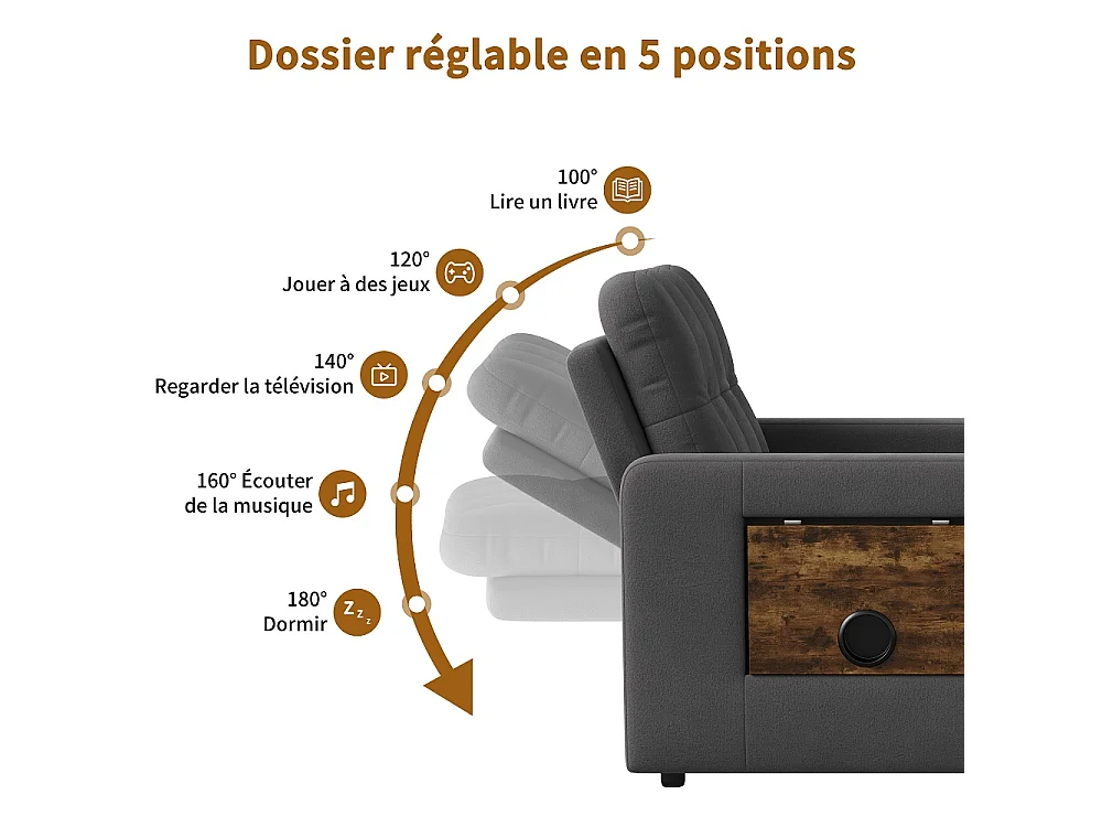 Canapé-lit extensible - avec dossier réglable, oreiller, porte-tasse - chaise couchante 3-en-1 - Chenille - gris