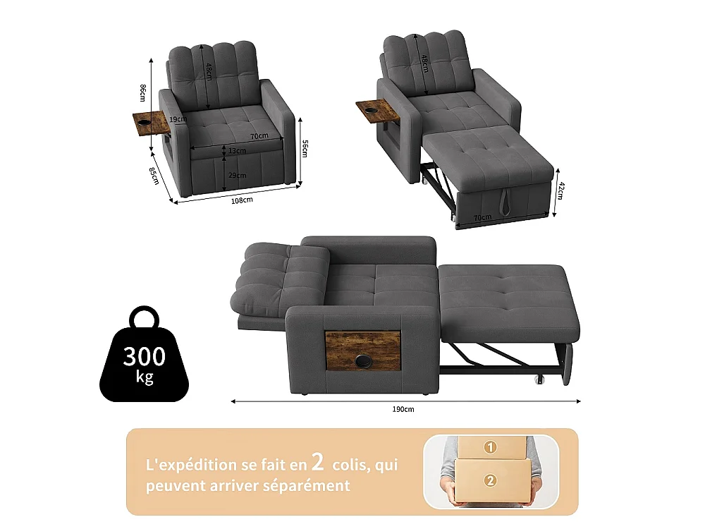 Canapé-lit extensible - avec dossier réglable, oreiller, porte-tasse - chaise couchante 3-en-1 - Chenille - gris