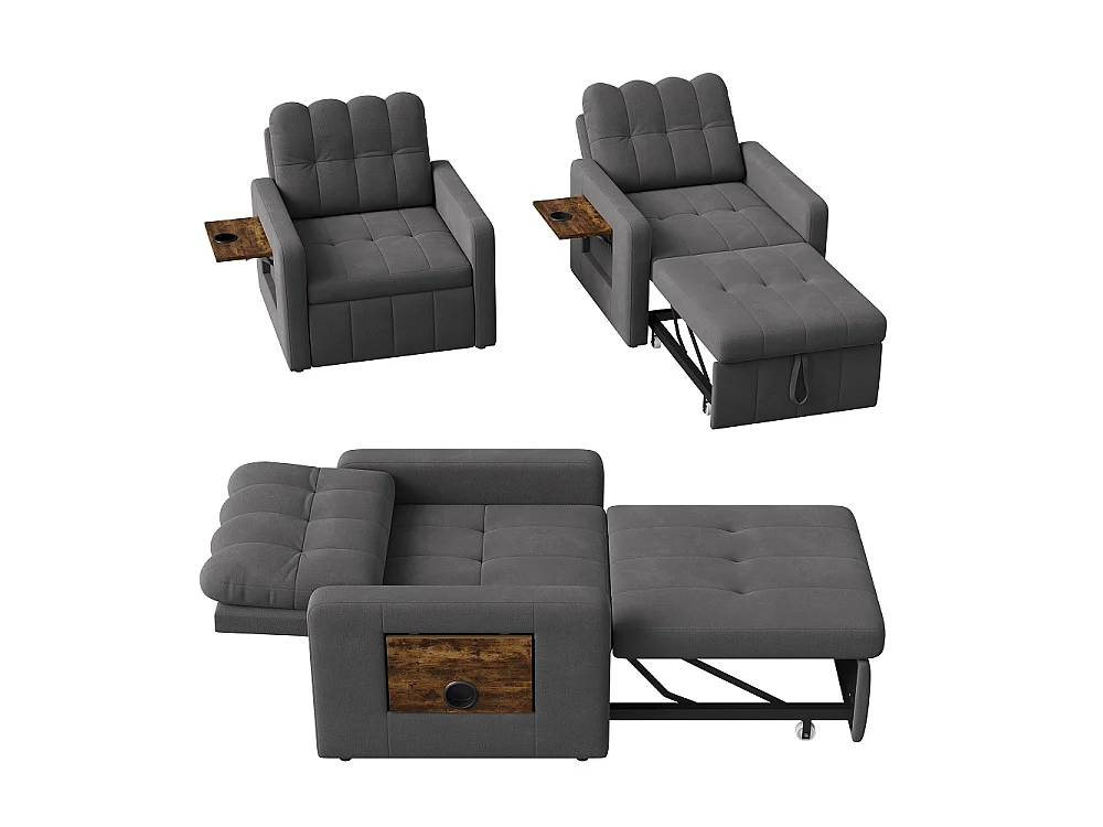 Canapé-lit extensible - avec dossier réglable, oreiller, porte-tasse - chaise couchante 3-en-1 - Chenille - gris