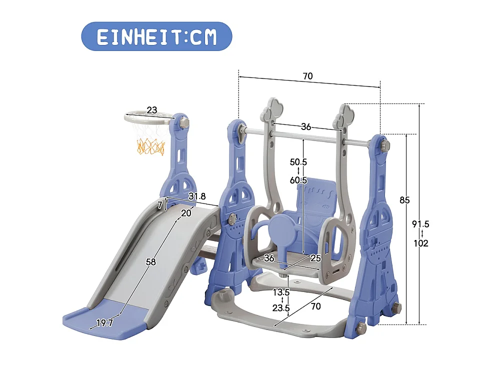 4-en-1 aire de jeux pour enfants - avec toboggan, escalier d'escalade, balançade et panier de basket-ball - bleu