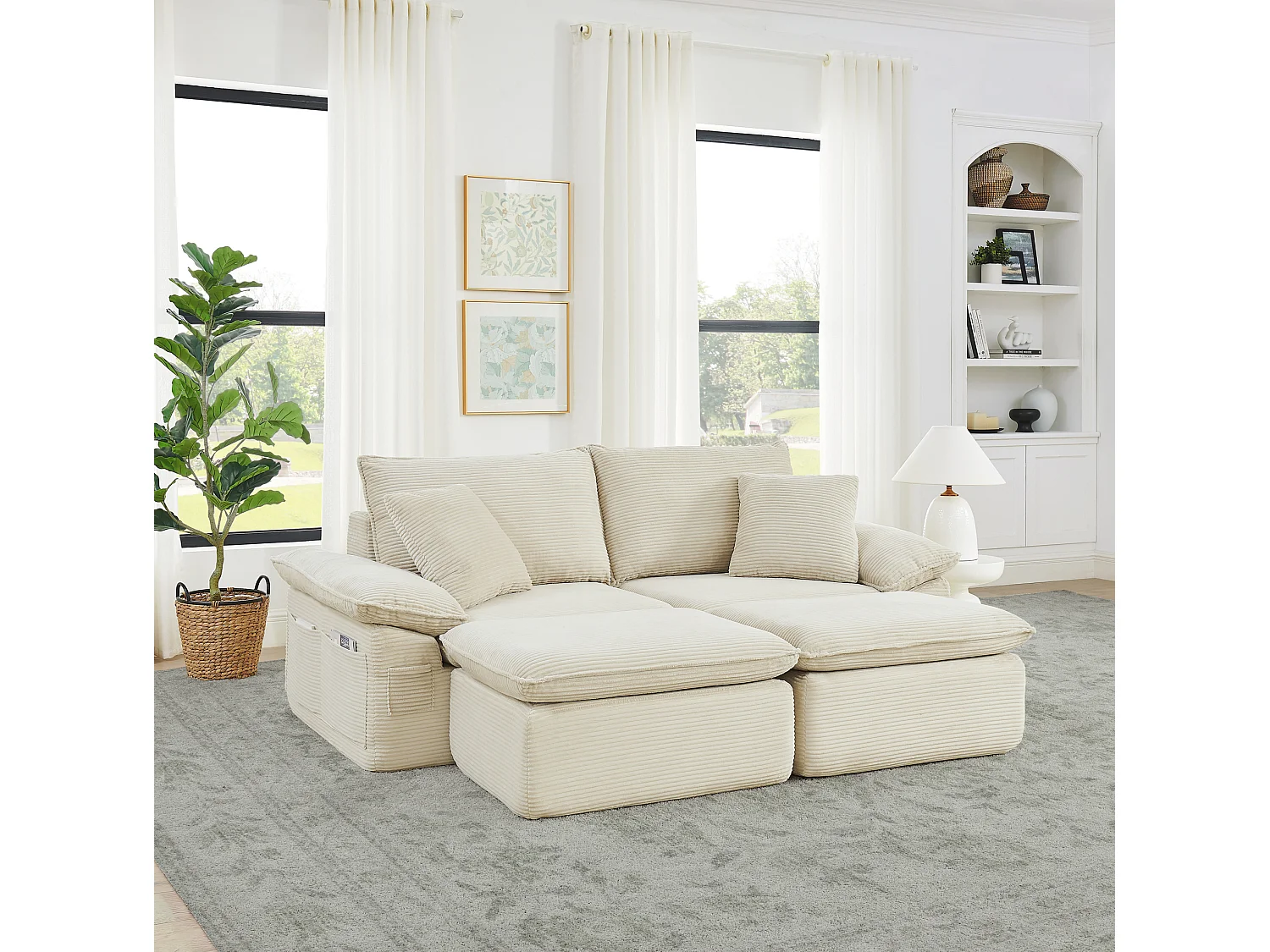 2-osobowa sofa modułowa z podnóżkiem i kieszeniami do przechowywania, z tkaniny, beżowa
