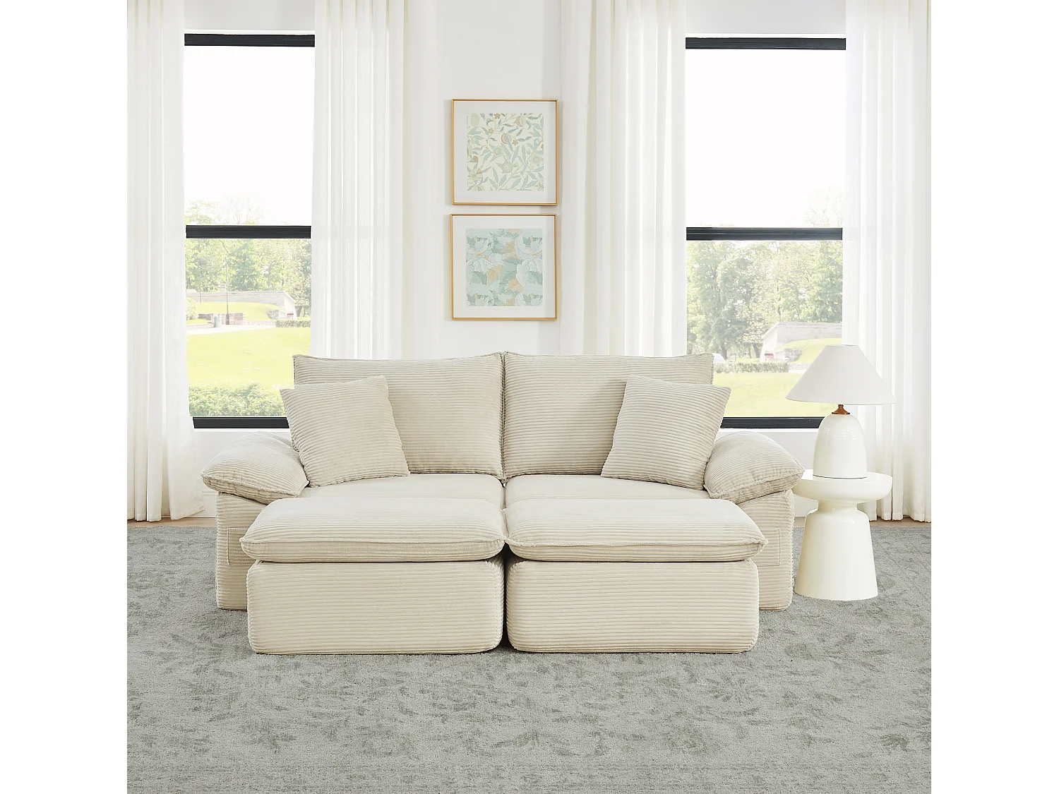 2-osobowa sofa modułowa z podnóżkiem i kieszeniami do przechowywania, z tkaniny, beżowa