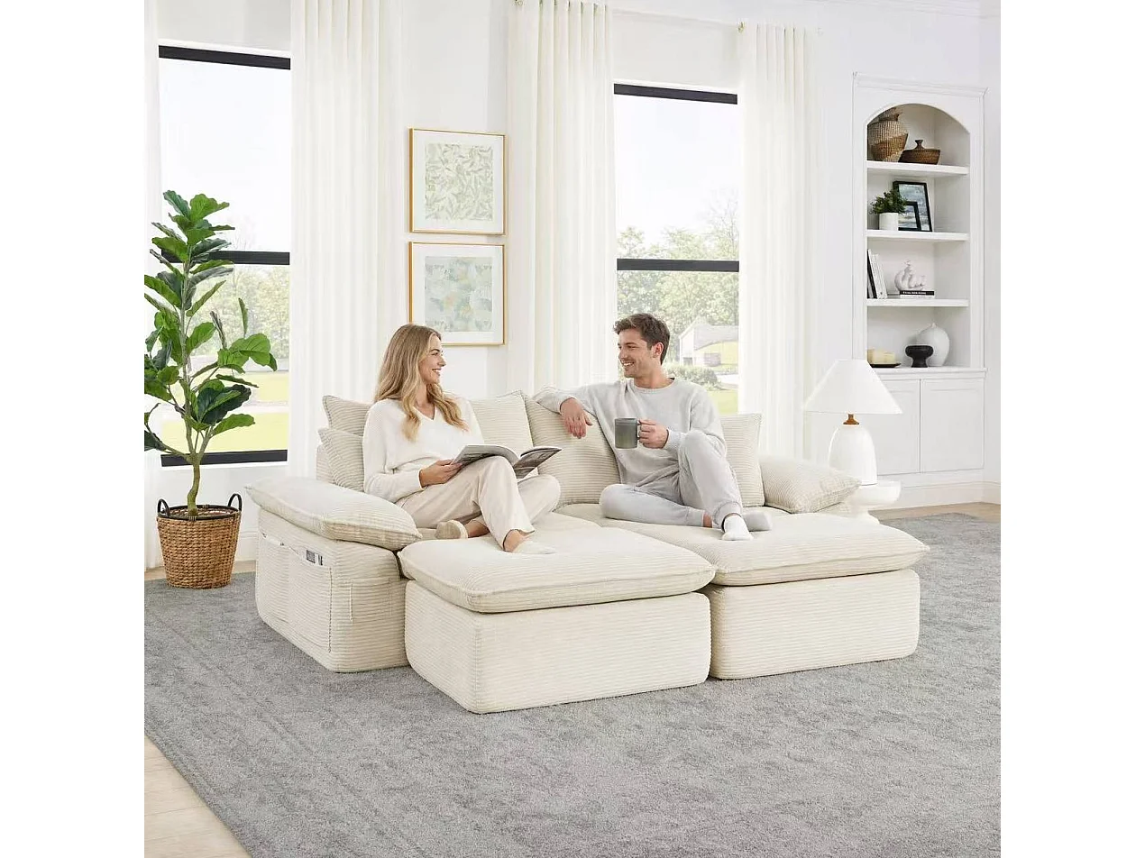 2-osobowa sofa modułowa z podnóżkiem i kieszeniami do przechowywania, z tkaniny, beżowa
