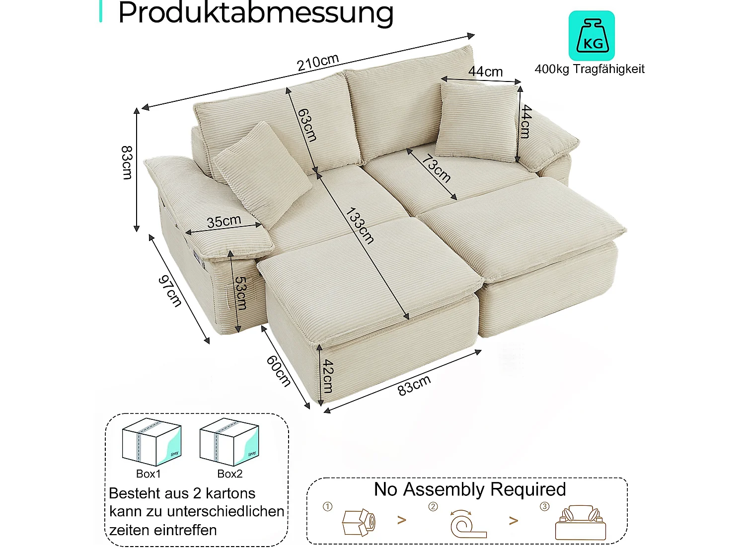 2-osobowa sofa modułowa z podnóżkiem i kieszeniami do przechowywania, z tkaniny, beżowa