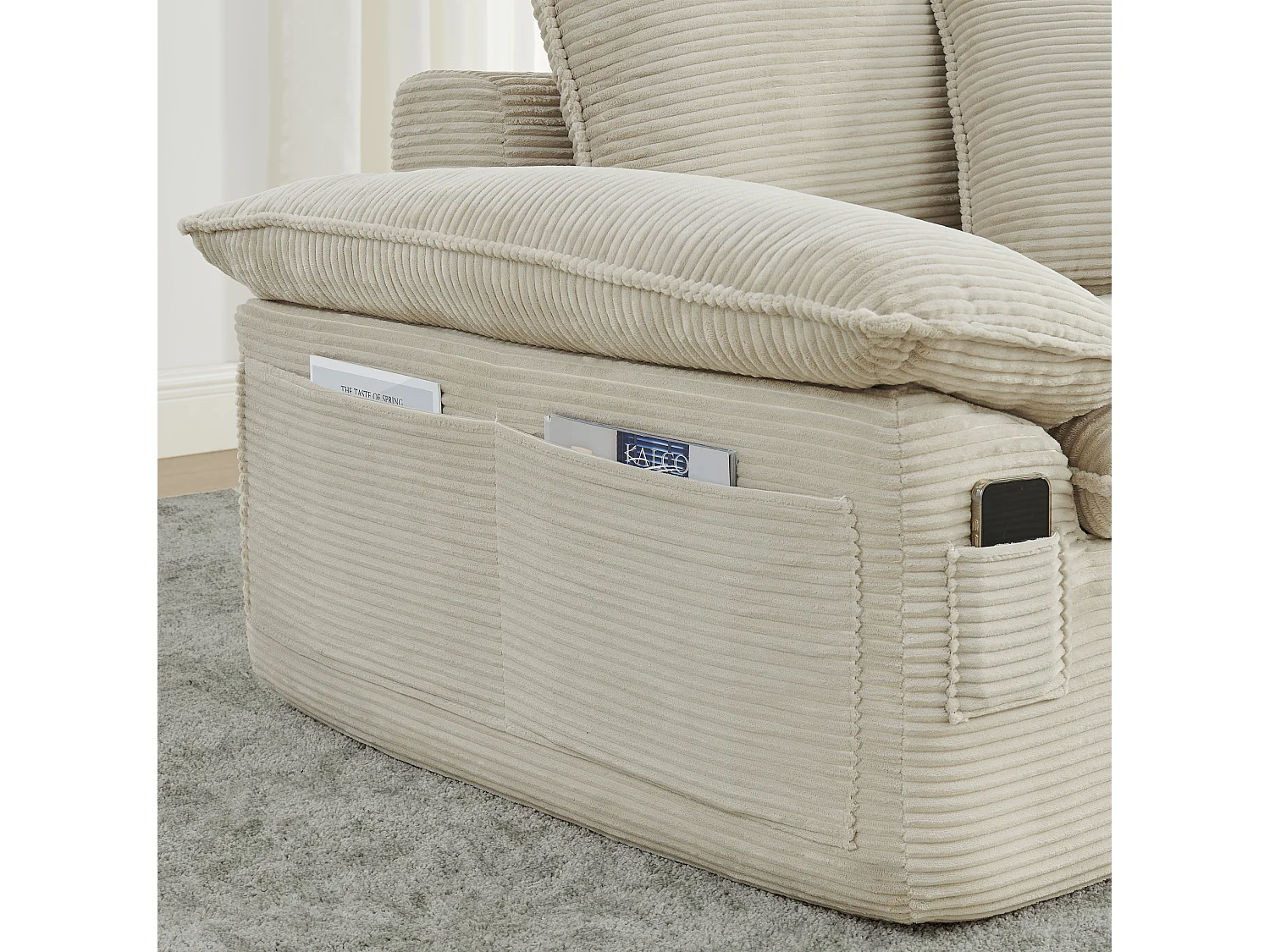 2-osobowa sofa modułowa z podnóżkiem i kieszeniami do przechowywania, z tkaniny, beżowa