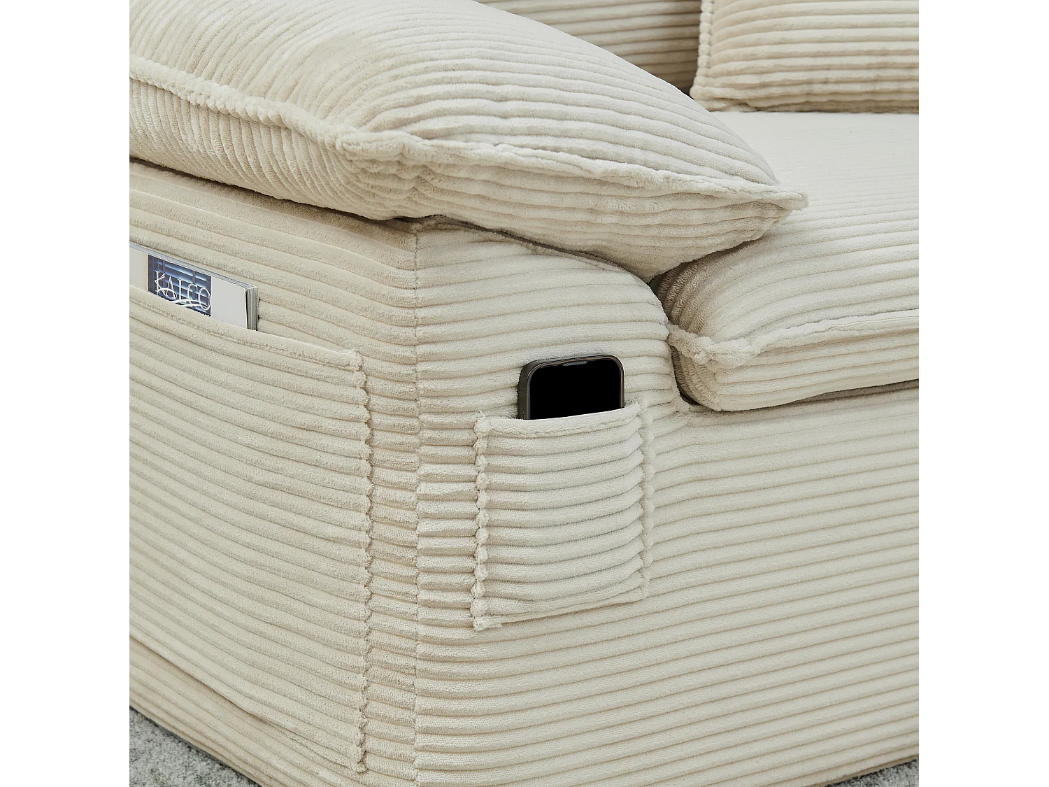 2-osobowa sofa modułowa z podnóżkiem i kieszeniami do przechowywania, z tkaniny, beżowa
