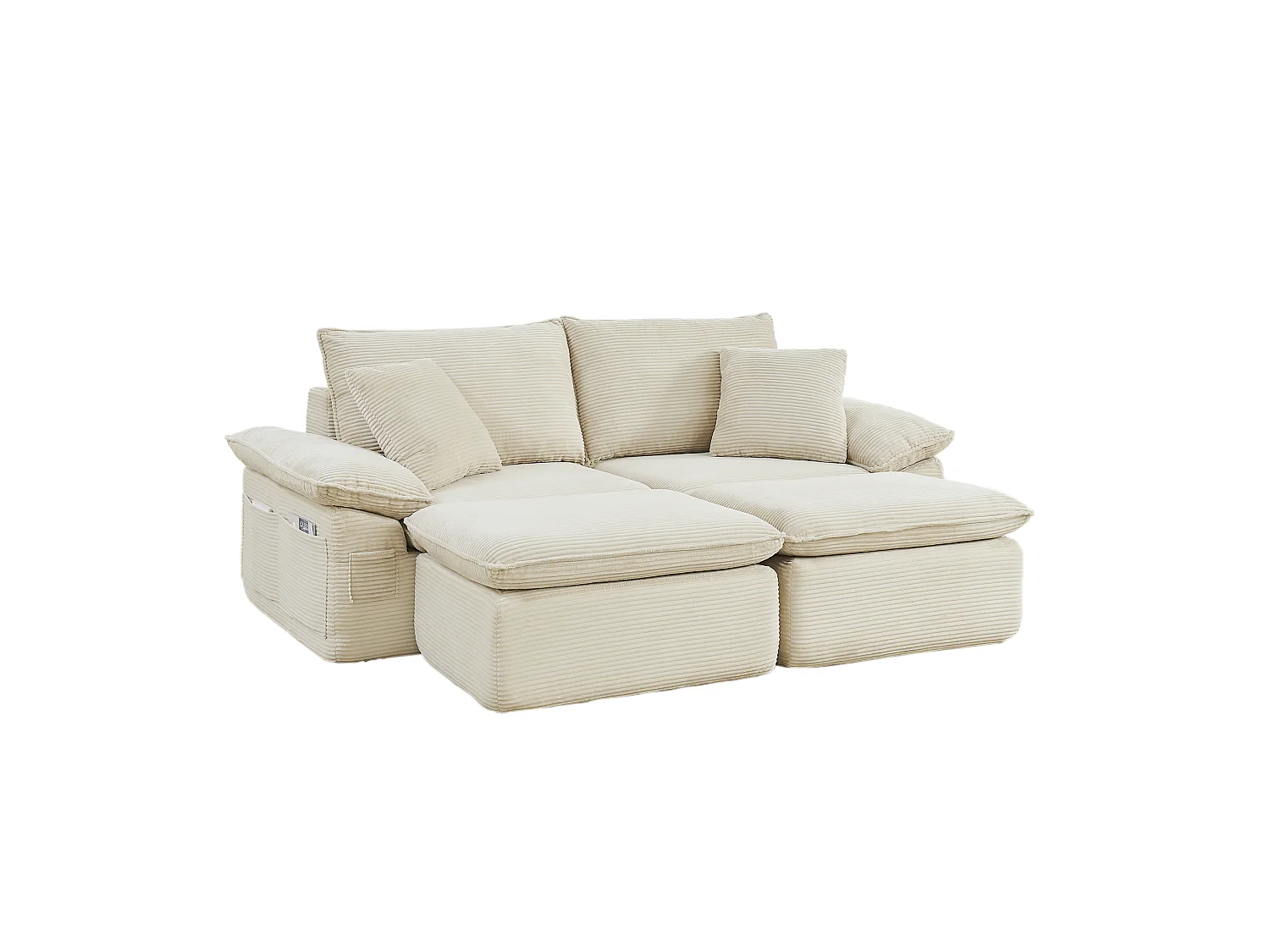 2-osobowa sofa modułowa z podnóżkiem i kieszeniami do przechowywania, z tkaniny, beżowa