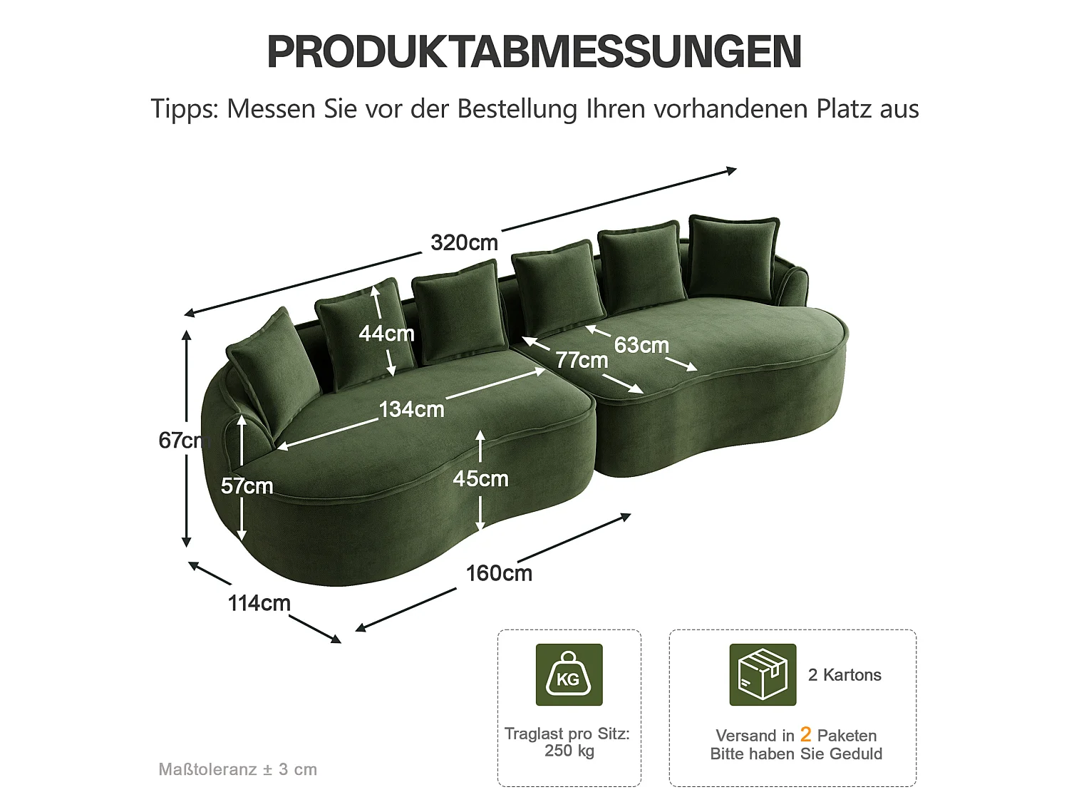 4-osobowa sofa modułowa z poduszkami oparciowymi, bez montażu, z zielonej tkaniny szenilowej, 320 × 114 × 67 cm