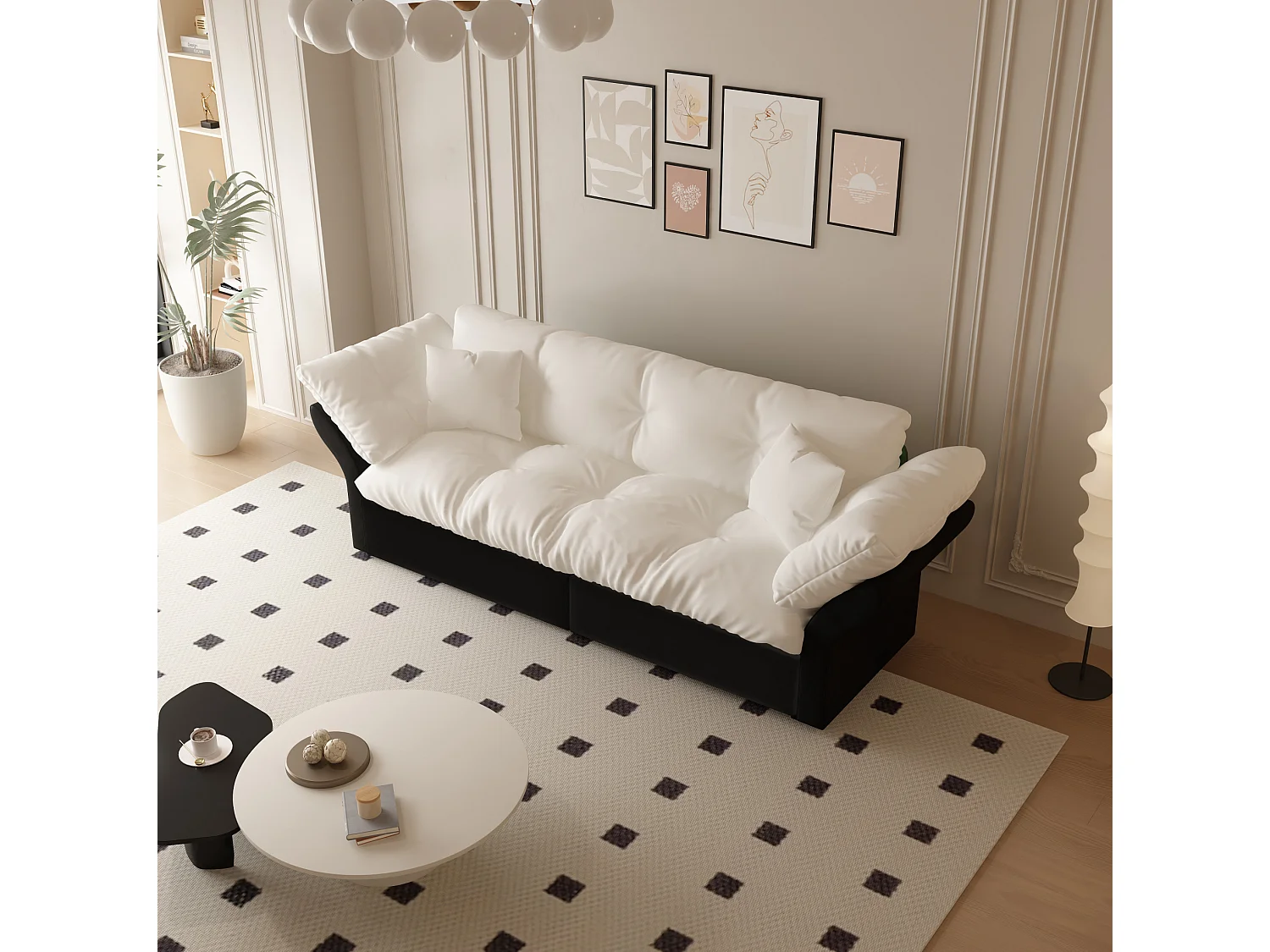 Canapé 3-en-1 pour 2 places avec 2 coussins, convertible en lit, en velours, beige