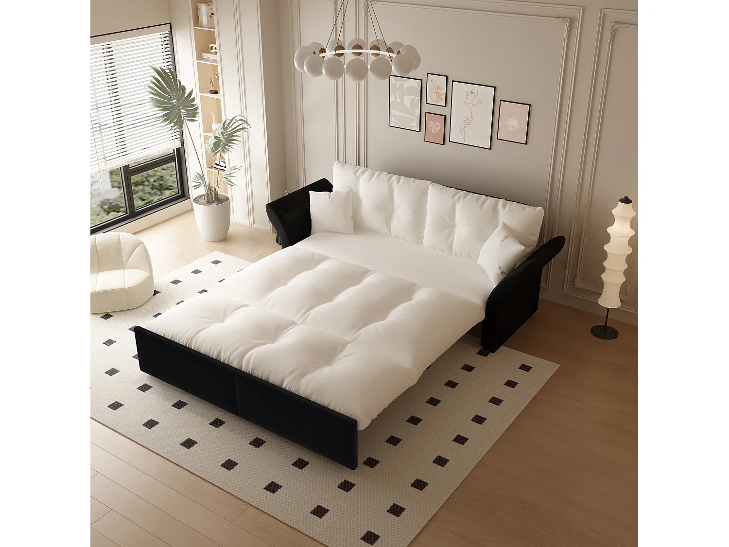 Canapé 3-en-1 pour 2 places avec 2 coussins, convertible en lit, en velours, beige