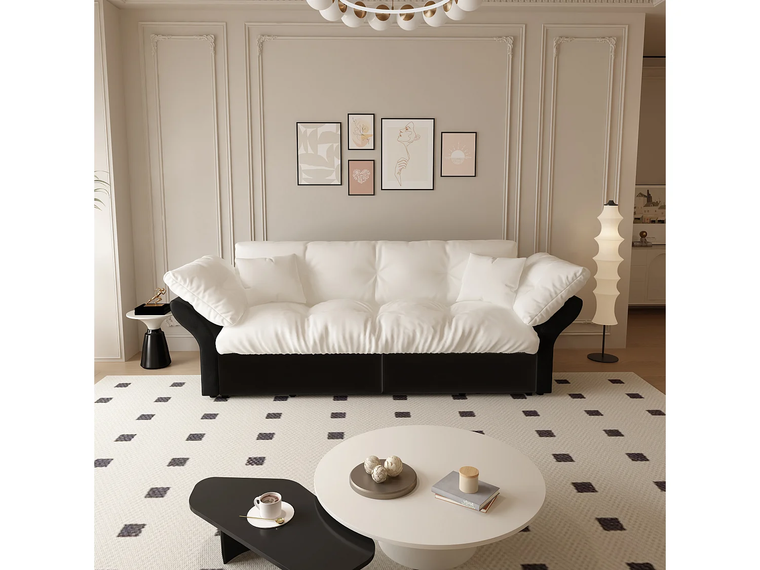 Canapé 3-en-1 pour 2 places avec 2 coussins, convertible en lit, en velours, beige