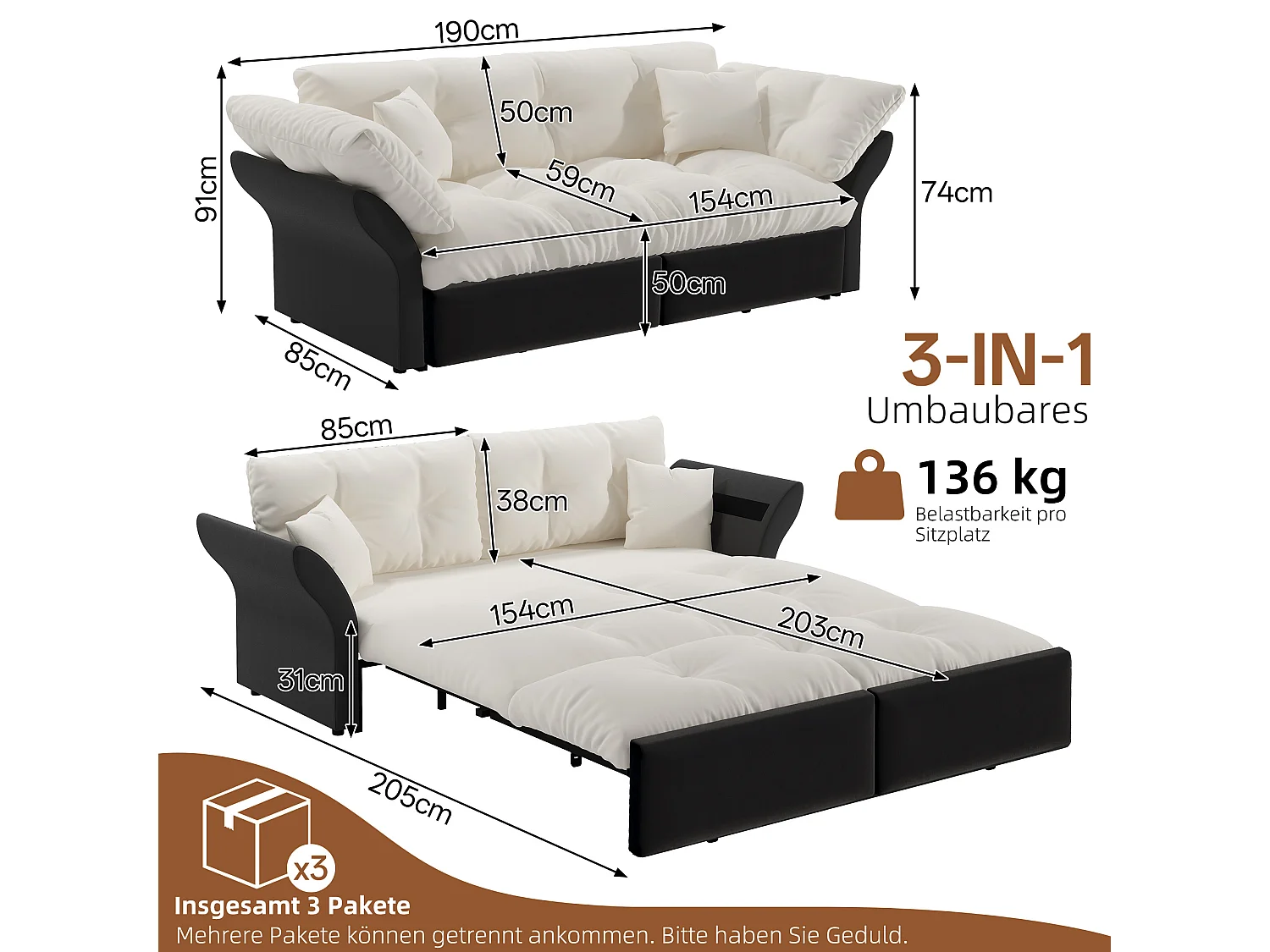 Canapé 3-en-1 pour 2 places avec 2 coussins, convertible en lit, en velours, beige