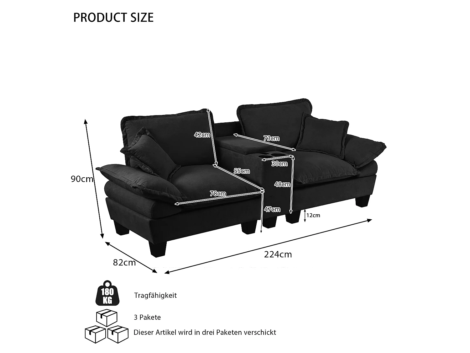 Canapé droit modulable 2 places avec rangement, porte-gobelets et ports USB, en chenille, noir