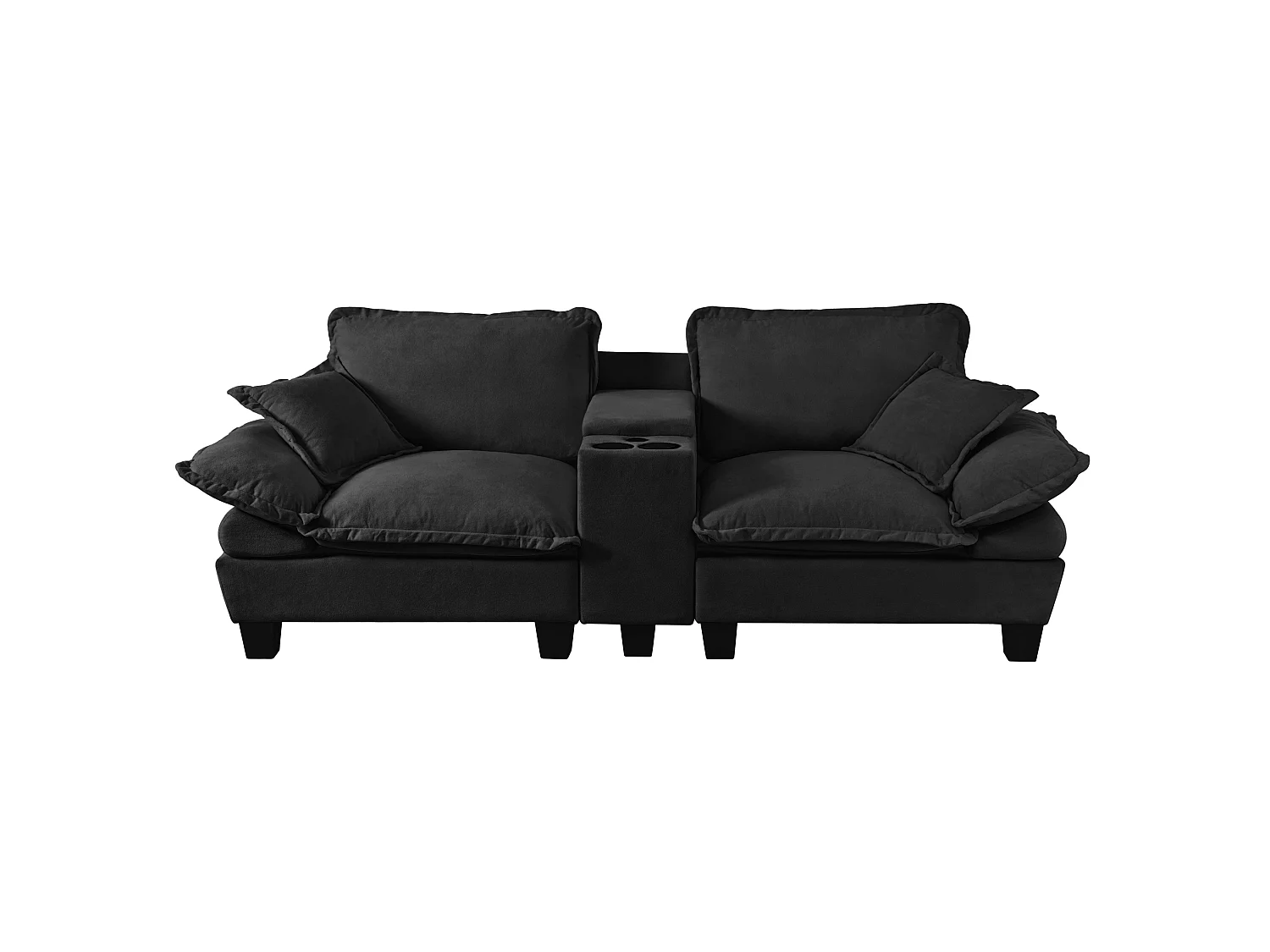 Canapé droit modulable 2 places avec rangement, porte-gobelets et ports USB, en chenille, noir