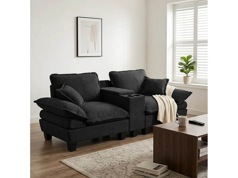 Canapé droit modulable 2 places avec rangement, porte-gobelets et ports USB, en chenille, noir