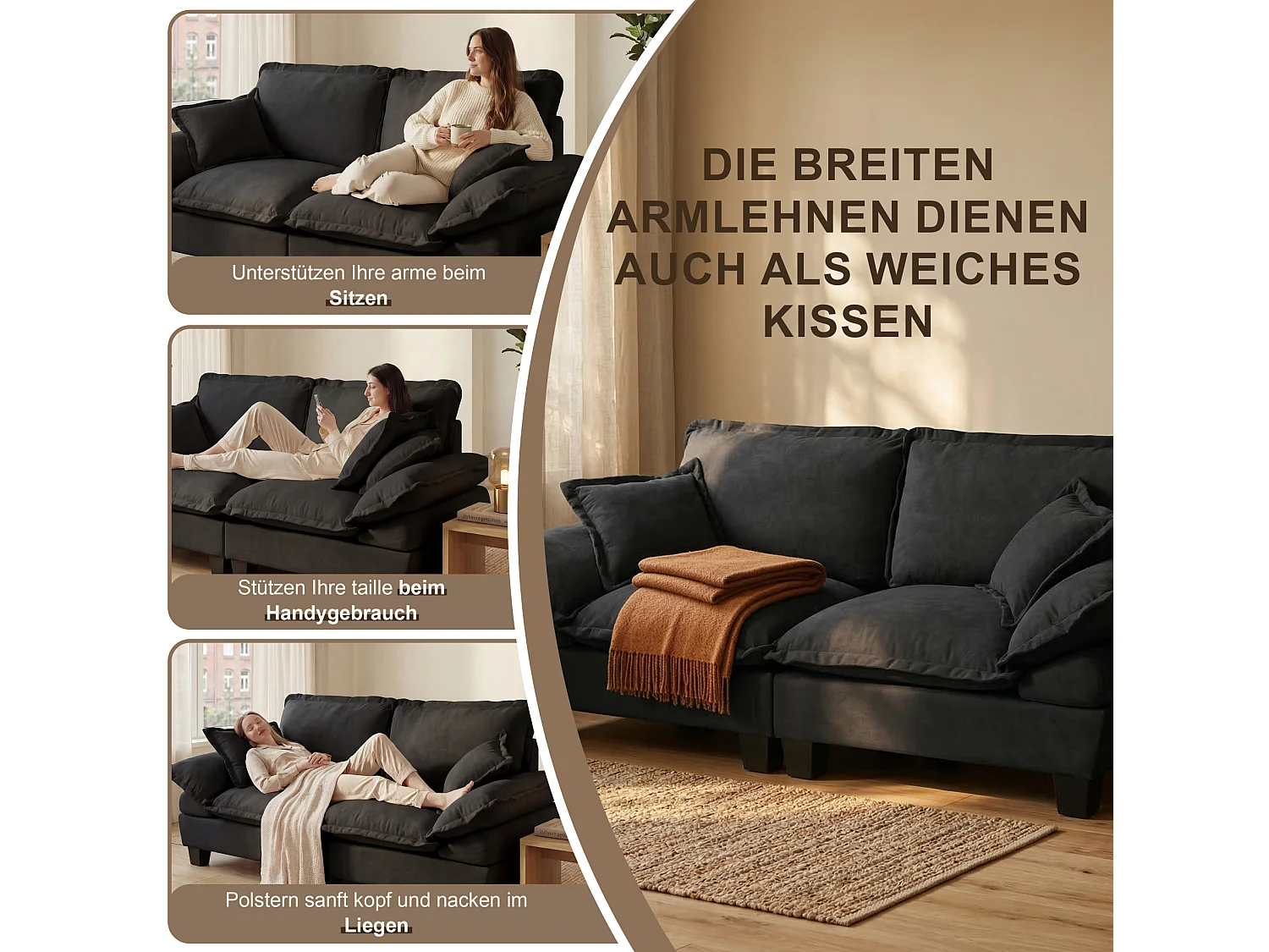 Canapé droit modulable 2 places avec rangement, porte-gobelets et ports USB, en chenille, noir