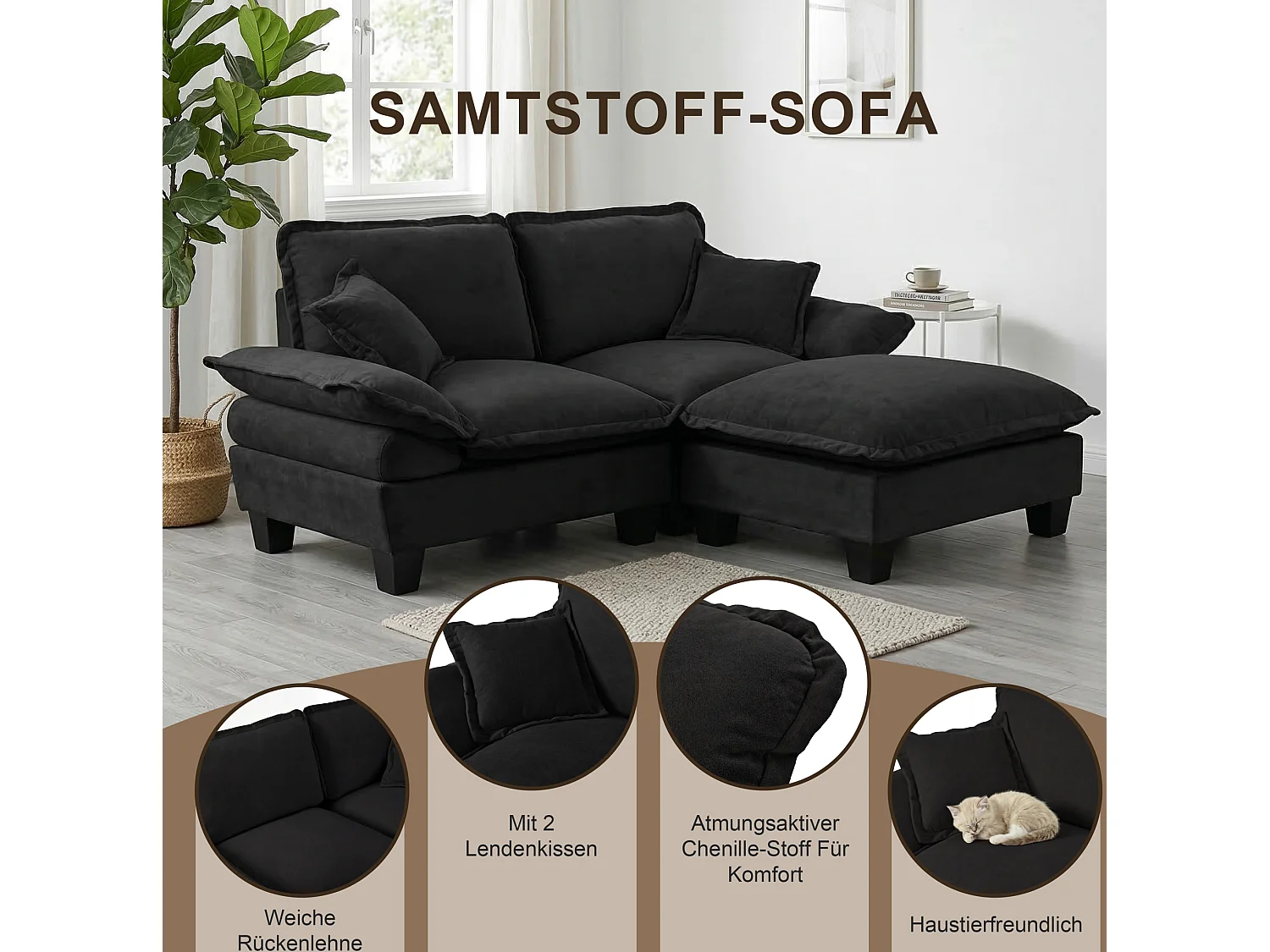 Canapé droit modulable 2 places avec rangement, porte-gobelets et ports USB, en chenille, noir