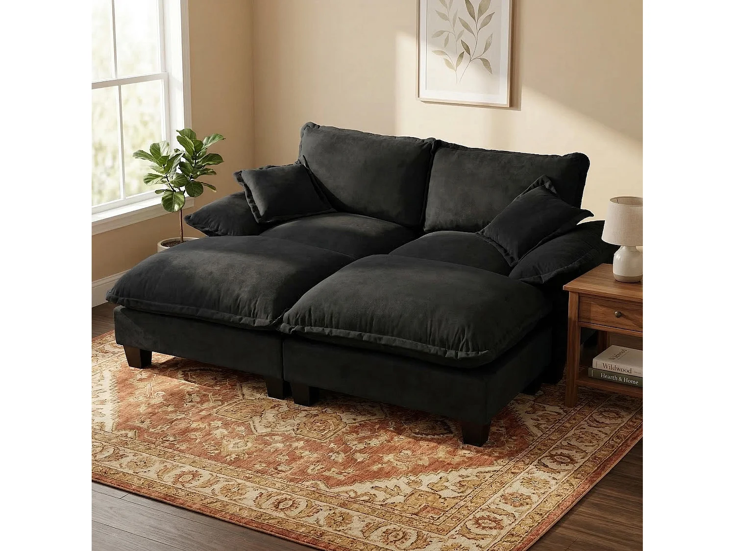 2-osobowa sofa modułowa z 2 zdejmowanymi podnóżkami i 2 poduszkami, z czarnej tkaniny szenilowej