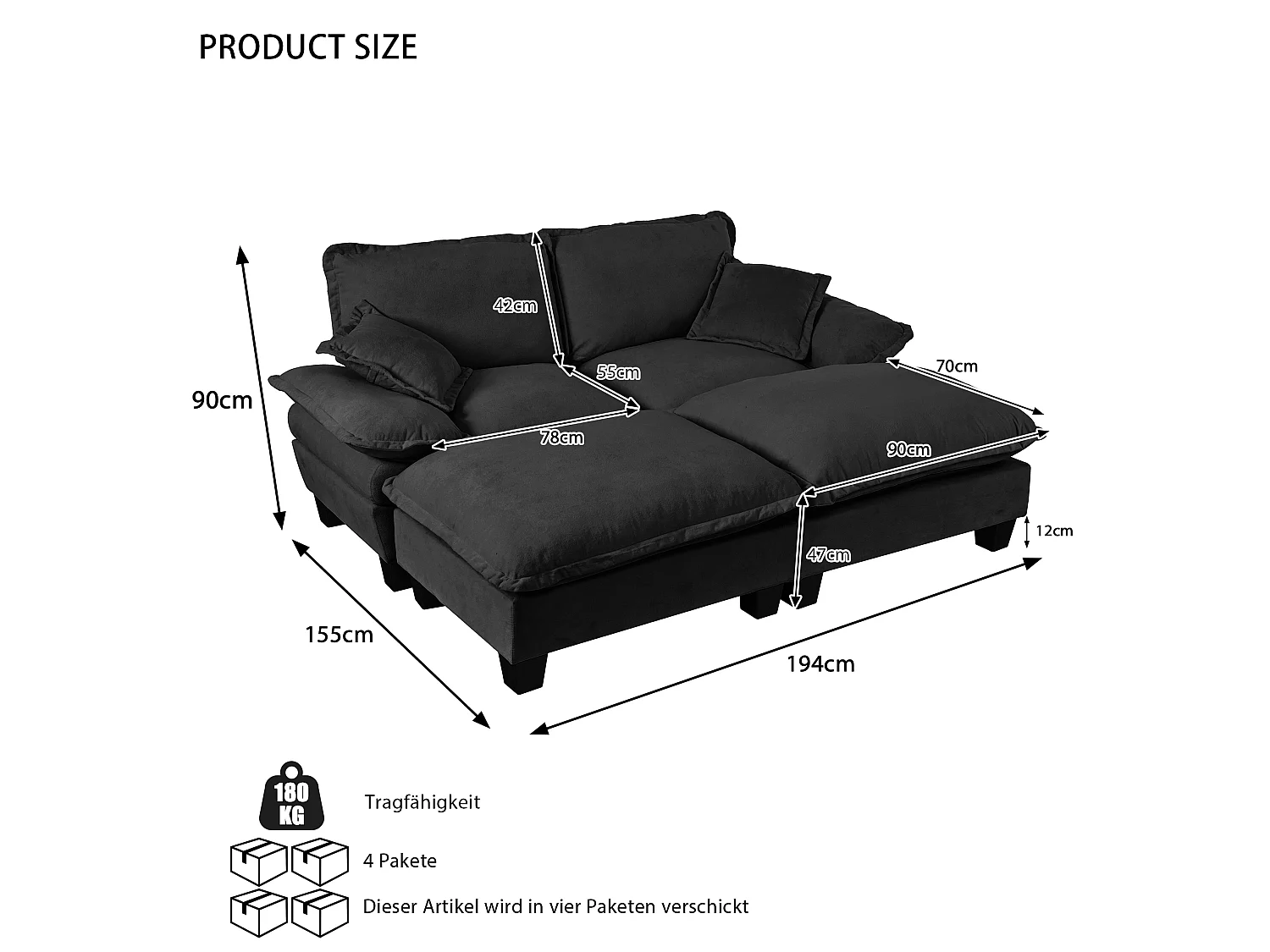 2-osobowa sofa modułowa z 2 zdejmowanymi podnóżkami i 2 poduszkami, z czarnej tkaniny szenilowej