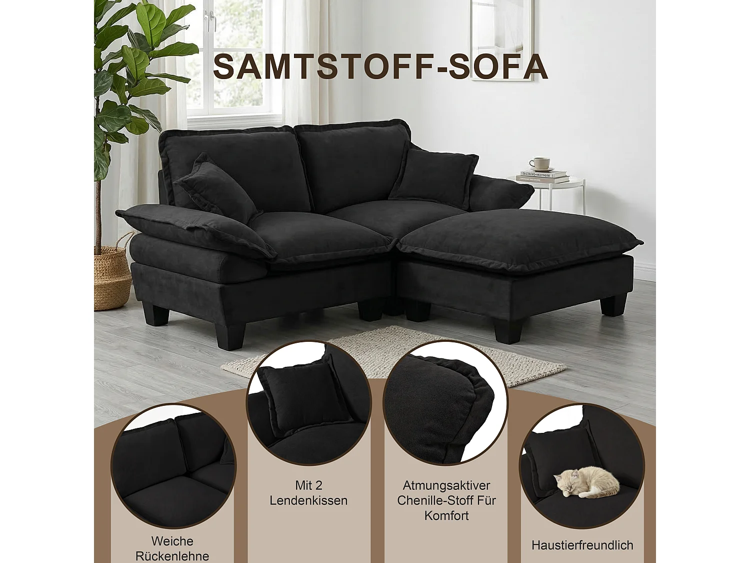 2-osobowa sofa modułowa z 2 zdejmowanymi podnóżkami i 2 poduszkami, z czarnej tkaniny szenilowej