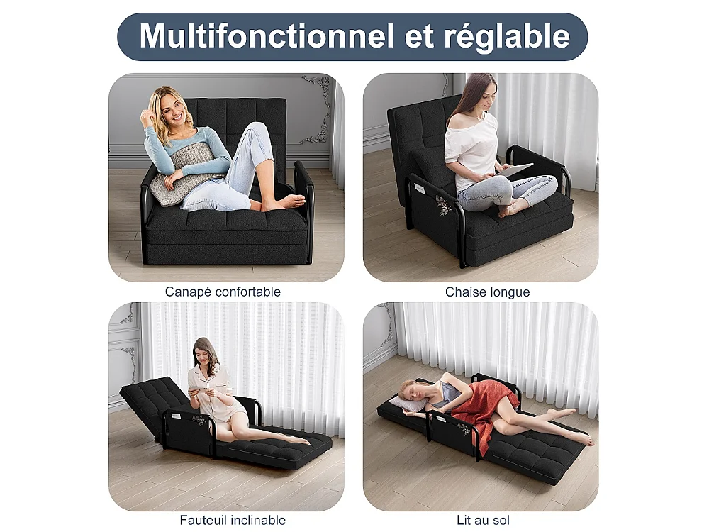 Canapé à plancher pliant - avec accoudoirs et poches latérales - 5 engrenages réglables - Matériel laine d'agneau - Noir