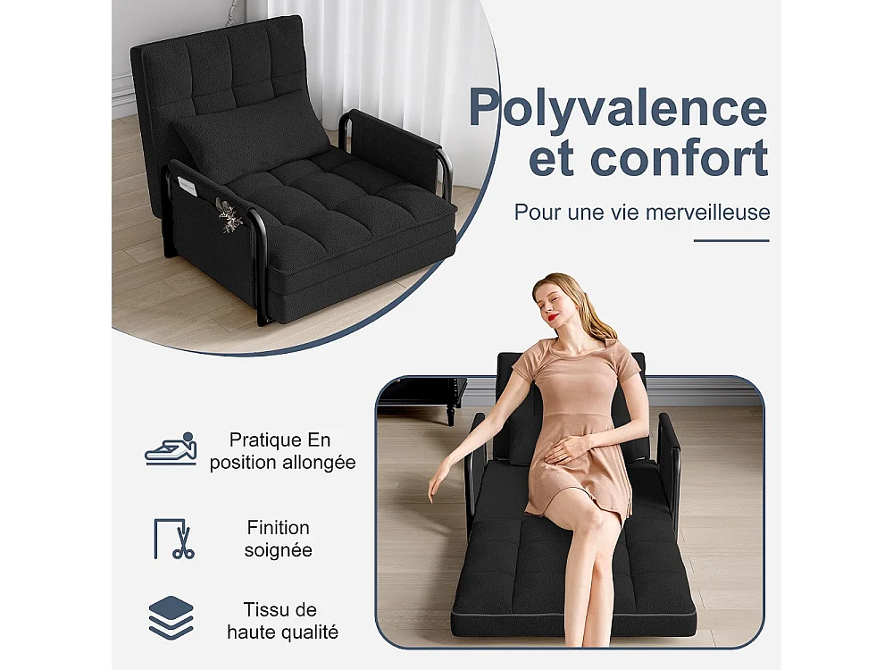 Canapé à plancher pliant - avec accoudoirs et poches latérales - 5 engrenages réglables - Matériel laine d'agneau - Noir