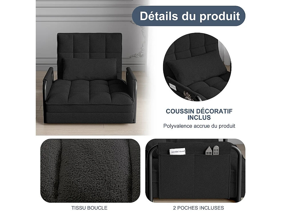 Canapé à plancher pliant - avec accoudoirs et poches latérales - 5 engrenages réglables - Matériel laine d'agneau - Noir