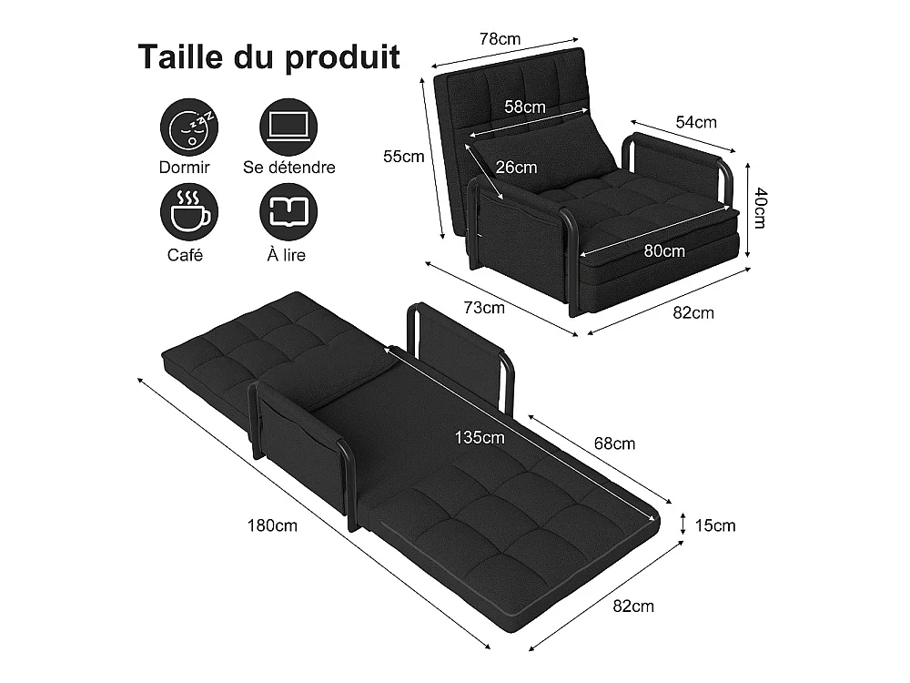 Canapé à plancher pliant - avec accoudoirs et poches latérales - 5 engrenages réglables - Matériel laine d'agneau - Noir