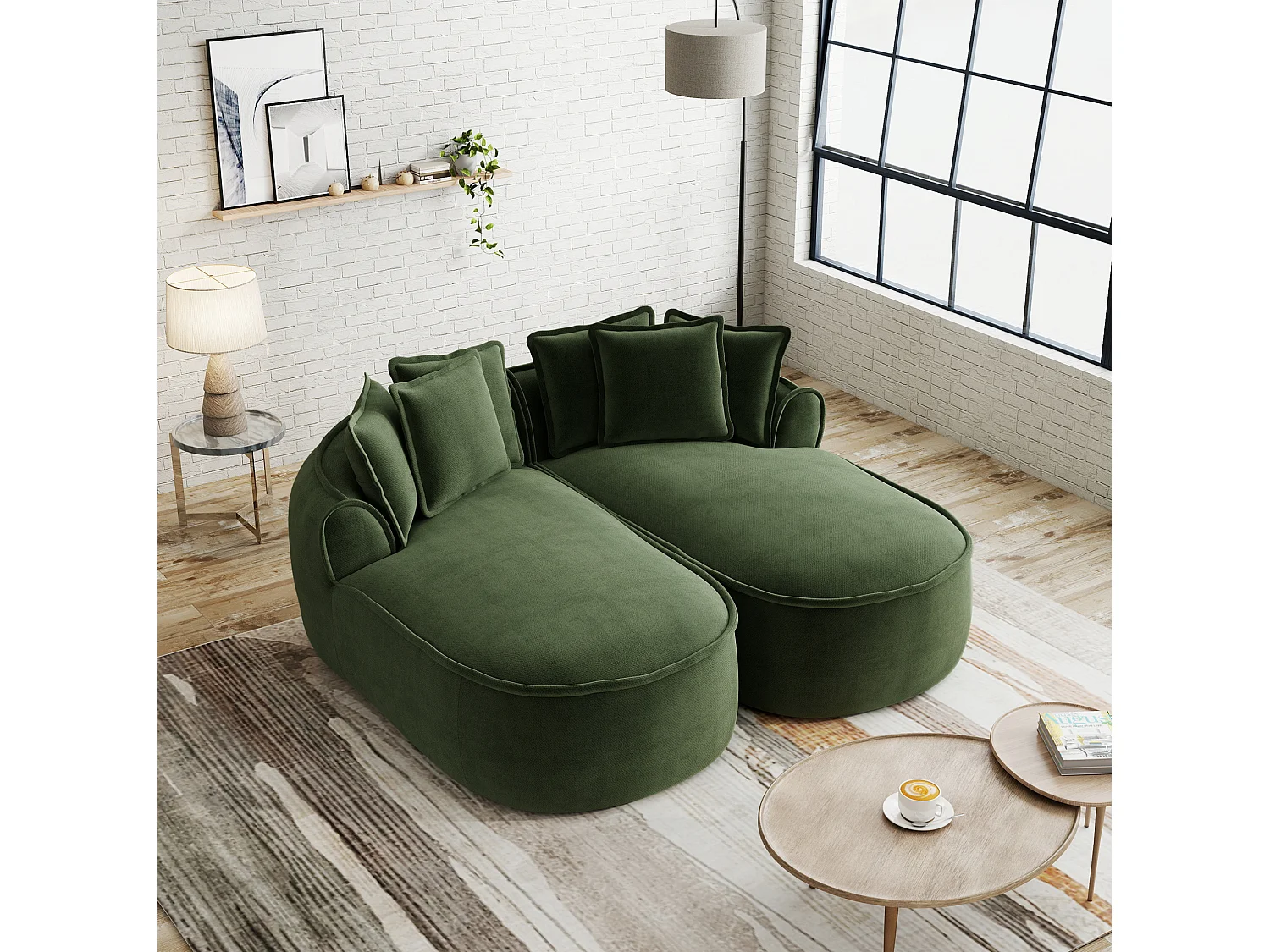 Canapé modulable 2 places avec coussins de dossier, en chenille, vert, 184x164x92 cm