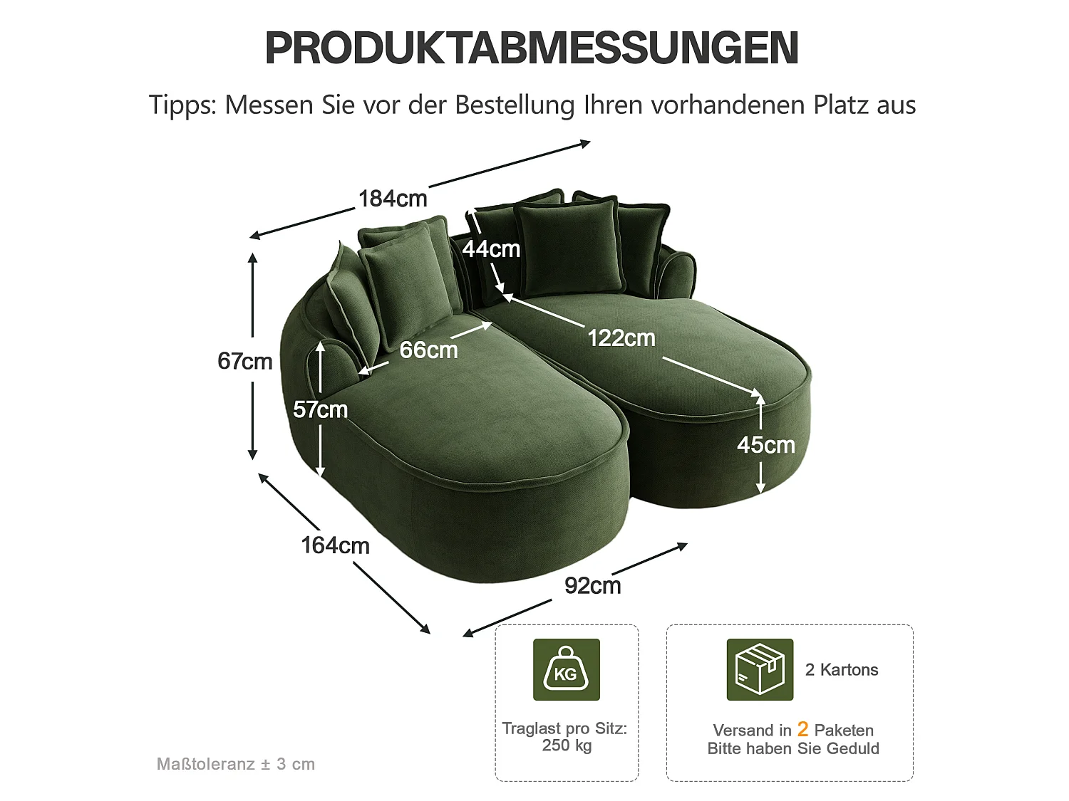 Canapé modulable 2 places avec coussins de dossier, en chenille, vert, 184x164x92 cm