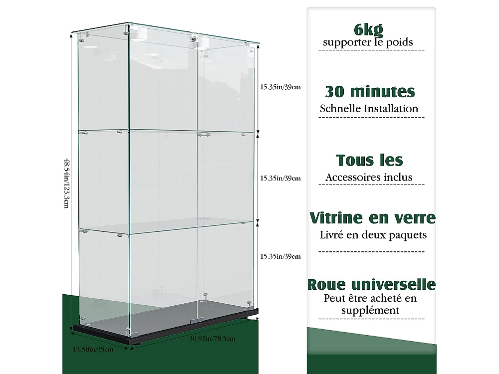 Armoire d'affichage moderne - 3 couches 2 portes - avec éclairage LED - Verre trempé - Lumière Pat - Noir