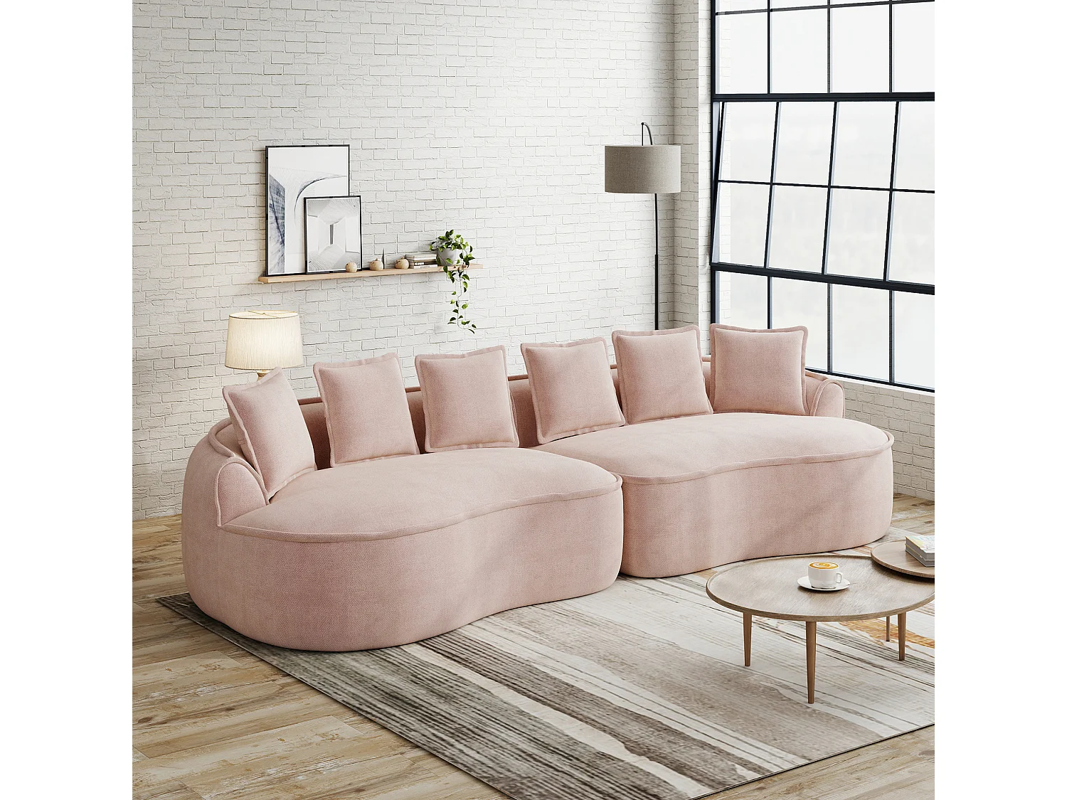 Canapé modulable 4 places avec coussins de dossier, sans montage, en chenille, rose, 320x114x67 cm