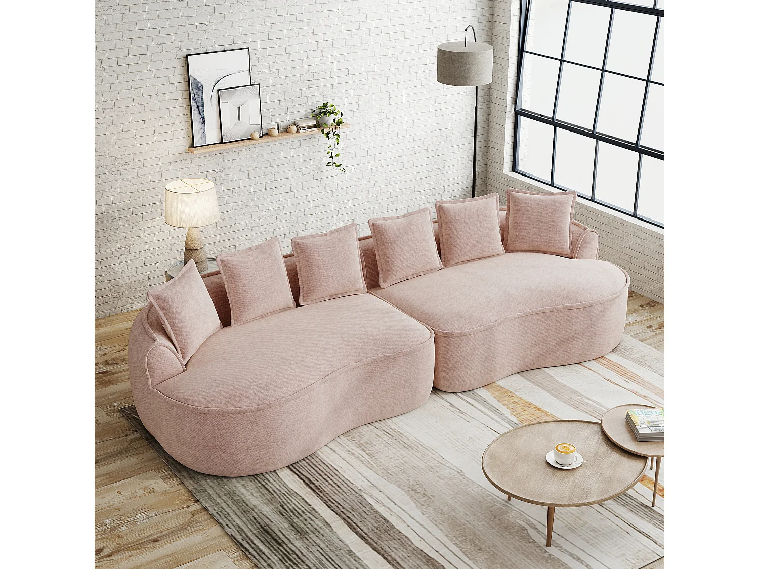 Canapé modulable 4 places avec coussins de dossier, sans montage, en chenille, rose, 320x114x67 cm
