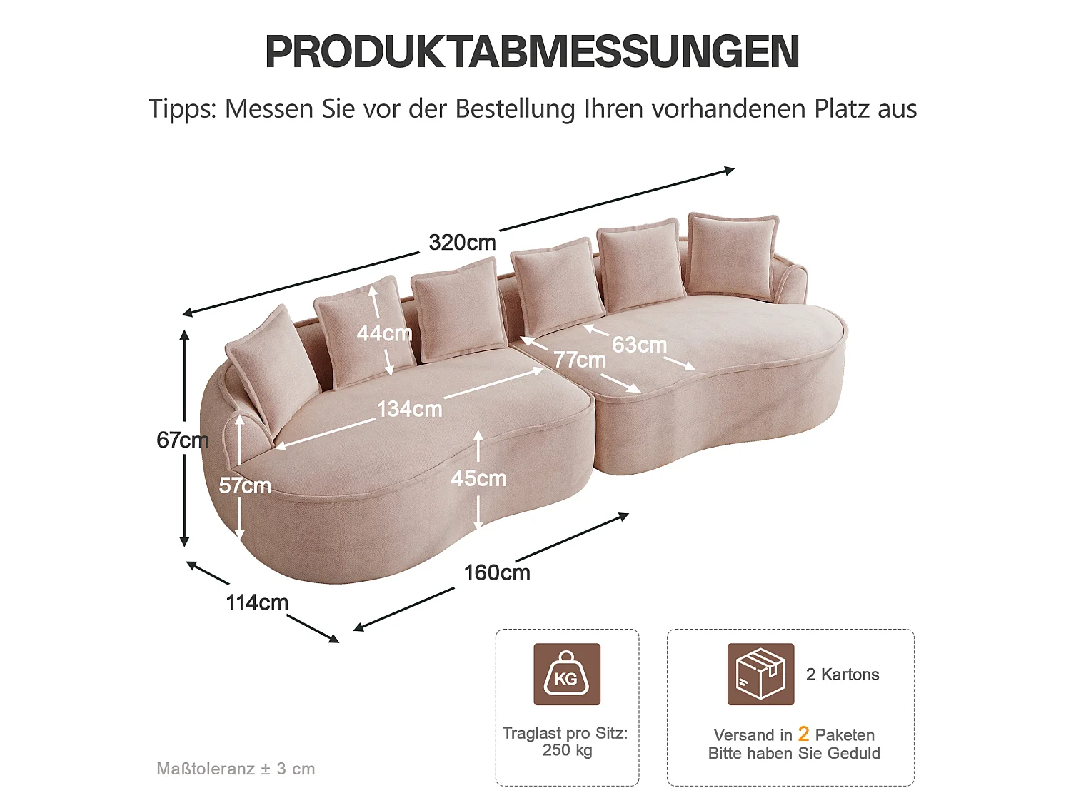 Canapé modulable 4 places avec coussins de dossier, sans montage, en chenille, rose, 320x114x67 cm