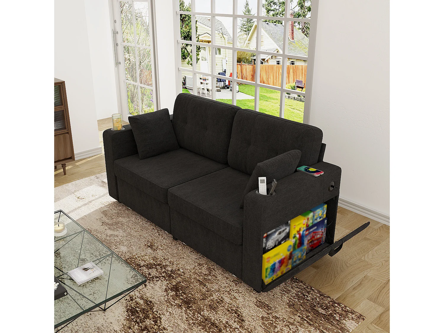 Canapé droit 2 places avec 2 tiroirs, ports USB, porte-gobelet et poches latérales, en chenille, noir