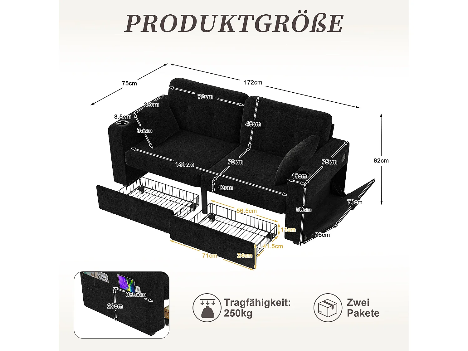 Canapé droit 2 places avec 2 tiroirs, ports USB, porte-gobelet et poches latérales, en chenille, noir