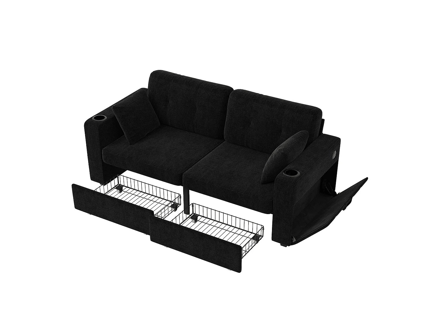 Canapé droit 2 places avec 2 tiroirs, ports USB, porte-gobelet et poches latérales, en chenille, noir