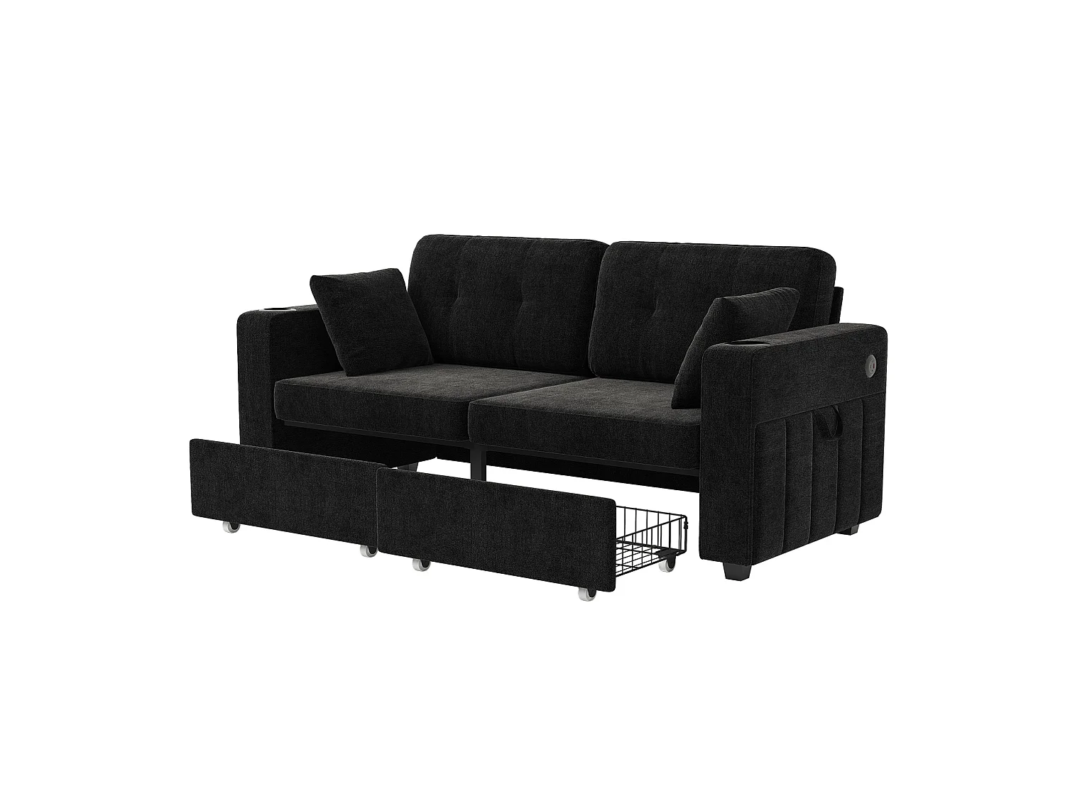 Canapé droit 2 places avec 2 tiroirs, ports USB, porte-gobelet et poches latérales, en chenille, noir