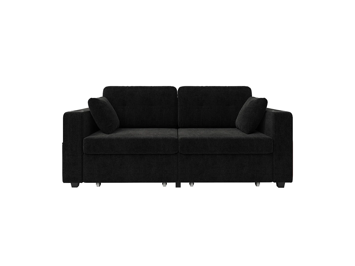 Canapé droit 2 places avec 2 tiroirs, ports USB, porte-gobelet et poches latérales, en chenille, noir