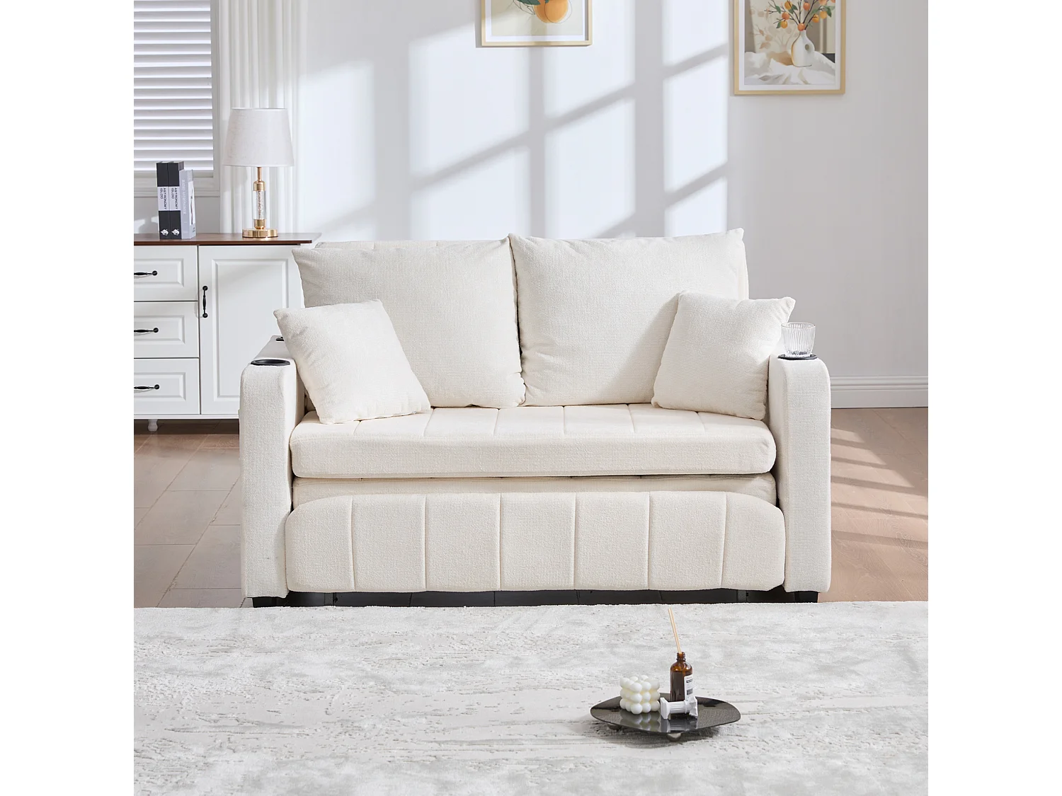 Sofá convertible de 2 plazas con bolsillos de almacenamiento, puerto USB y portavasos, se convierte en cama, tchenilla, beige