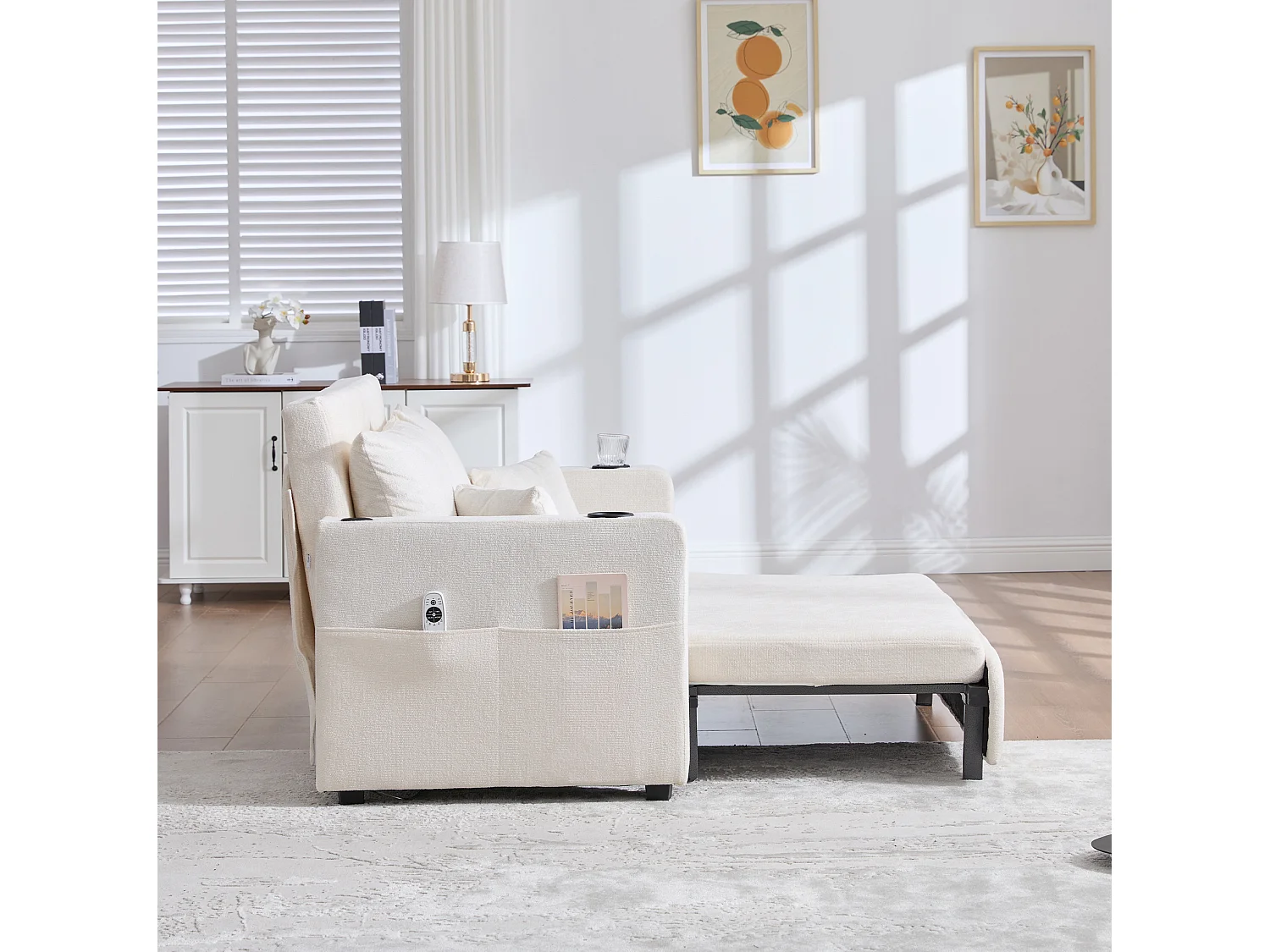 Sofá convertible de 2 plazas con bolsillos de almacenamiento, puerto USB y portavasos, se convierte en cama, tchenilla, beige