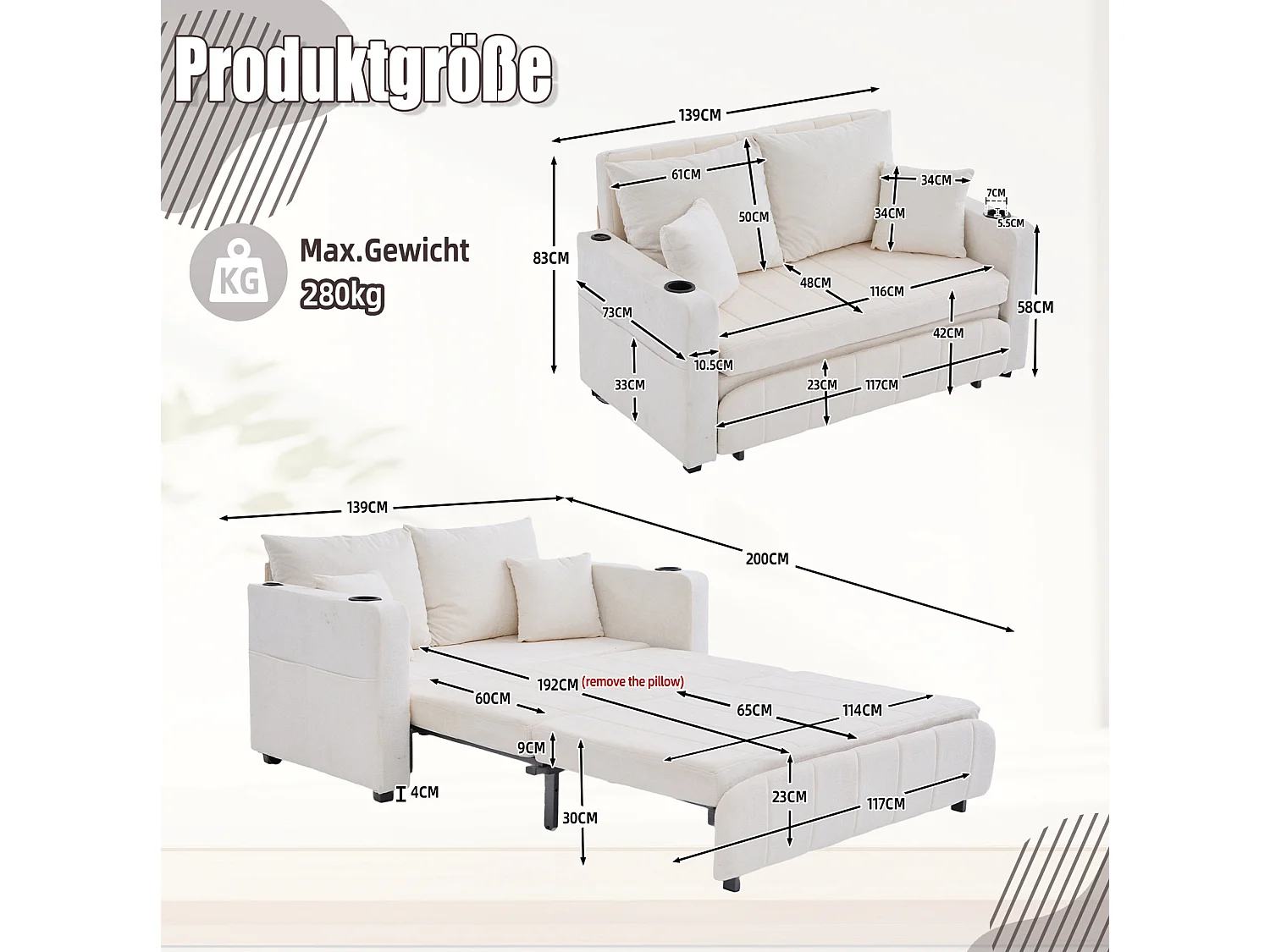 Sofá convertible de 2 plazas con bolsillos de almacenamiento, puerto USB y portavasos, se convierte en cama, tchenilla, beige