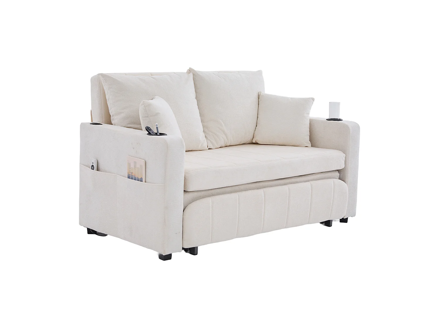 Sofá convertible de 2 plazas con bolsillos de almacenamiento, puerto USB y portavasos, se convierte en cama, tchenilla, beige