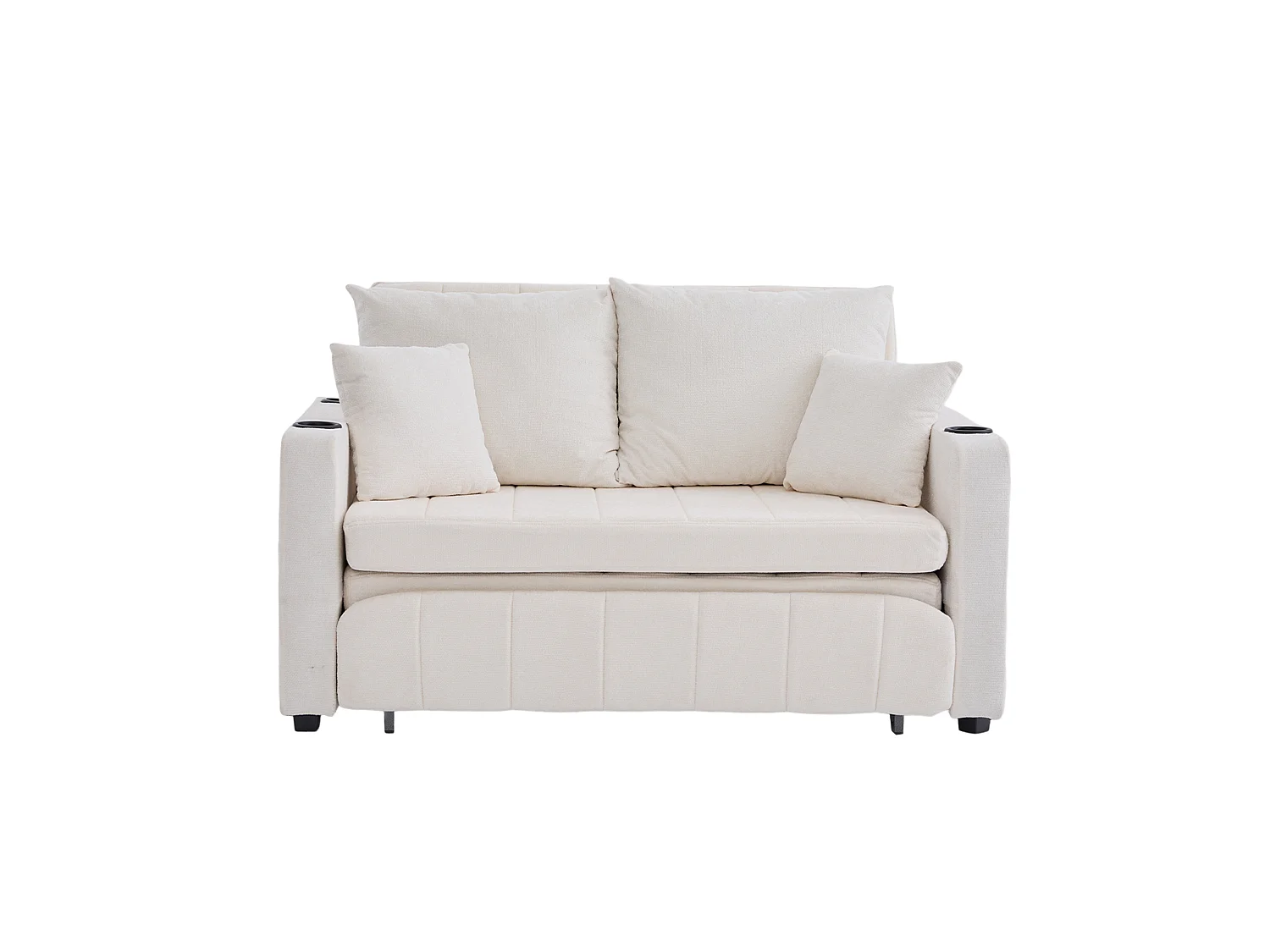 Sofá convertible de 2 plazas con bolsillos de almacenamiento, puerto USB y portavasos, se convierte en cama, tchenilla, beige