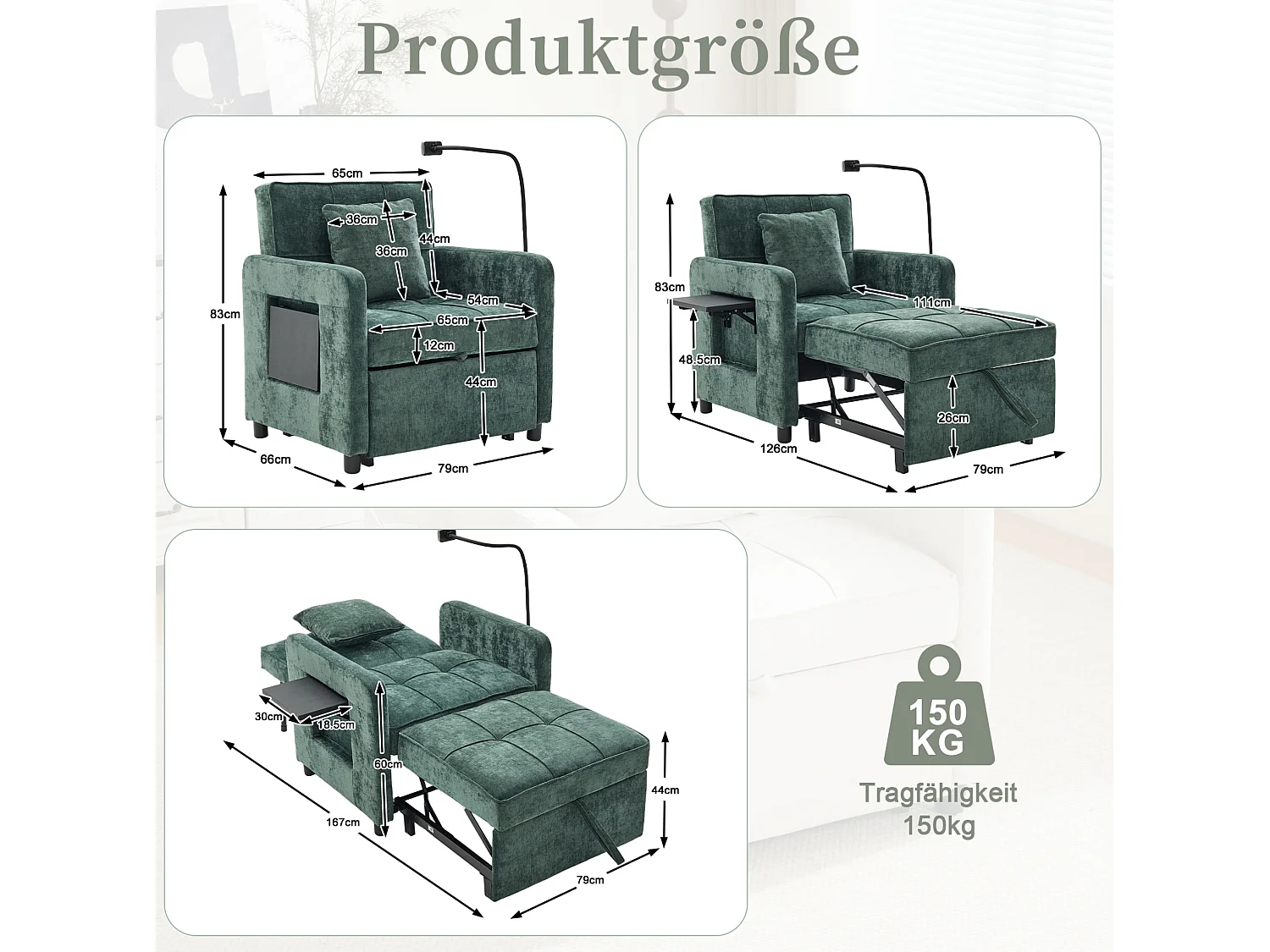Slaapbank met 5-voudig verstelbare rugleuning, opbergruimte en tafelblad, chenille, groen