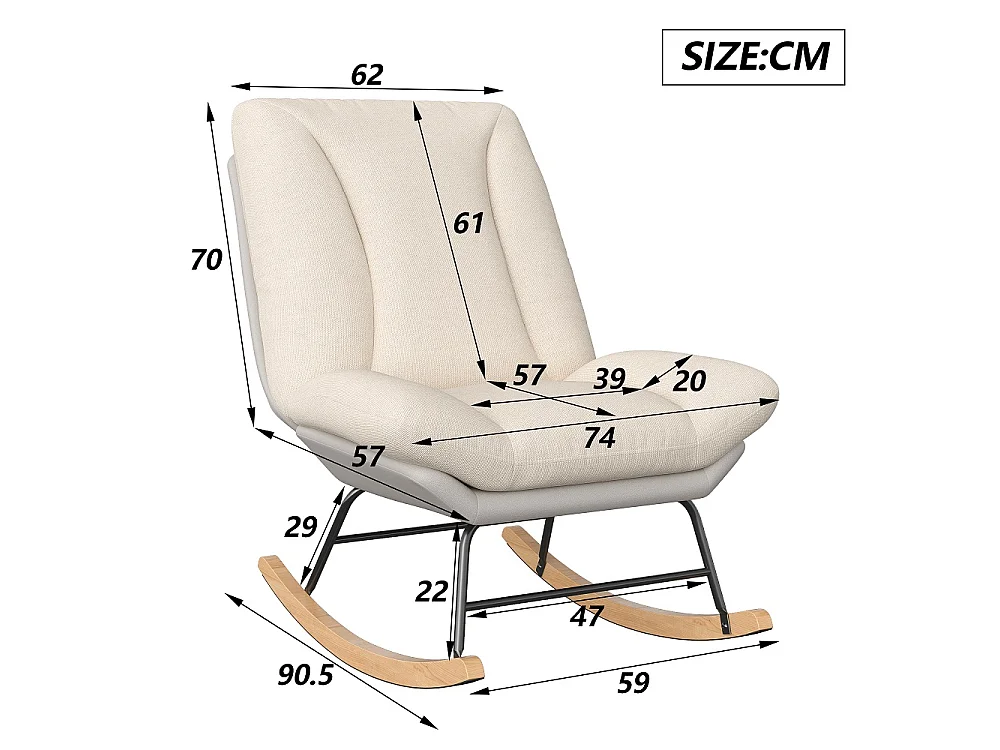 Chaise à bascule ergonomique - Position de dossier réglable - avec bascules en bois - Linge + Chiffon technique