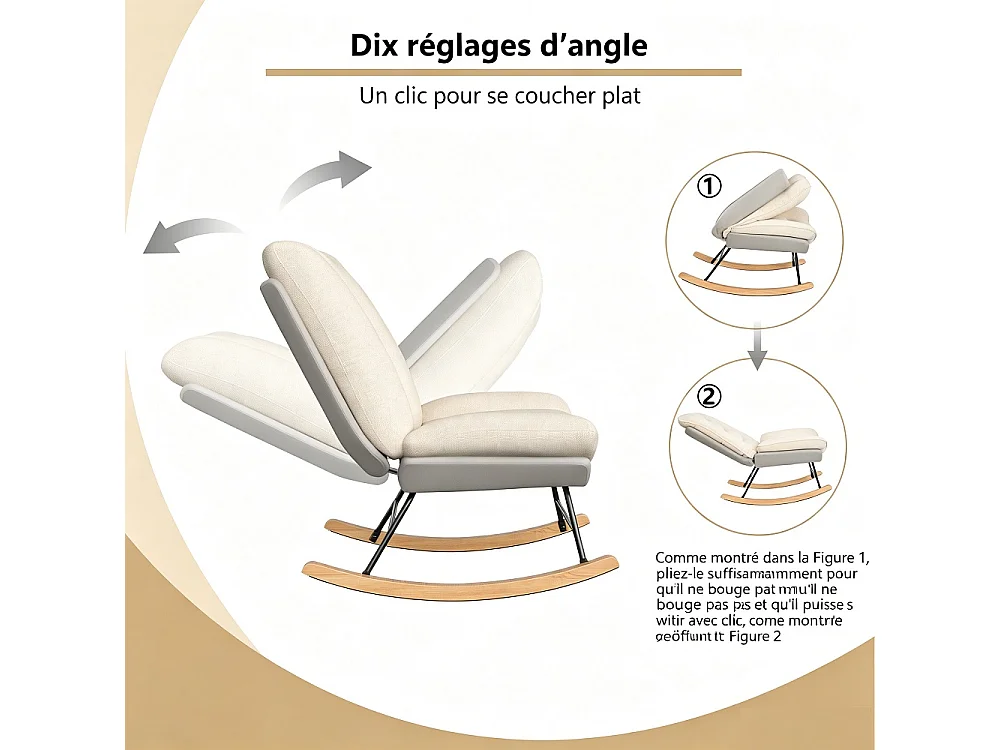 Chaise à bascule ergonomique - Position de dossier réglable - avec bascules en bois - Linge + Chiffon technique