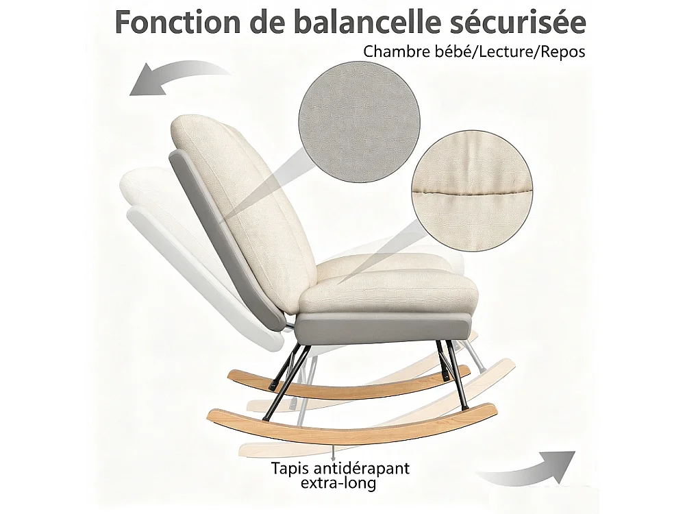 Chaise à bascule ergonomique - Position de dossier réglable - avec bascules en bois - Linge + Chiffon technique